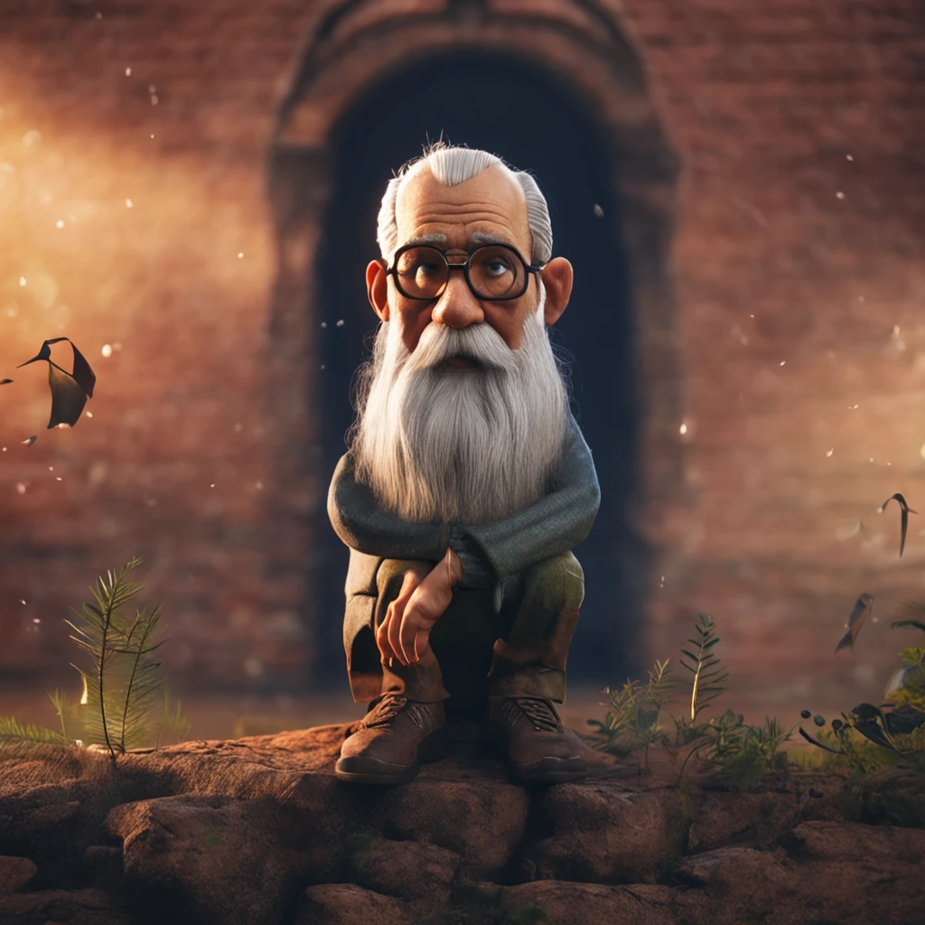 Old man, big white beard, sitting on tree stump, thoughtful and lost look, wise old man. Realistic image, isolated place.