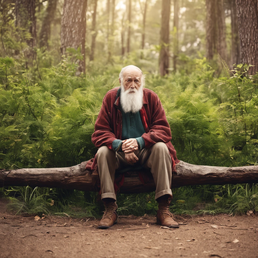 Old man, big white beard, sitting on tree stump, thoughtful and lost look, wise old man. Realistic image, isolated place.