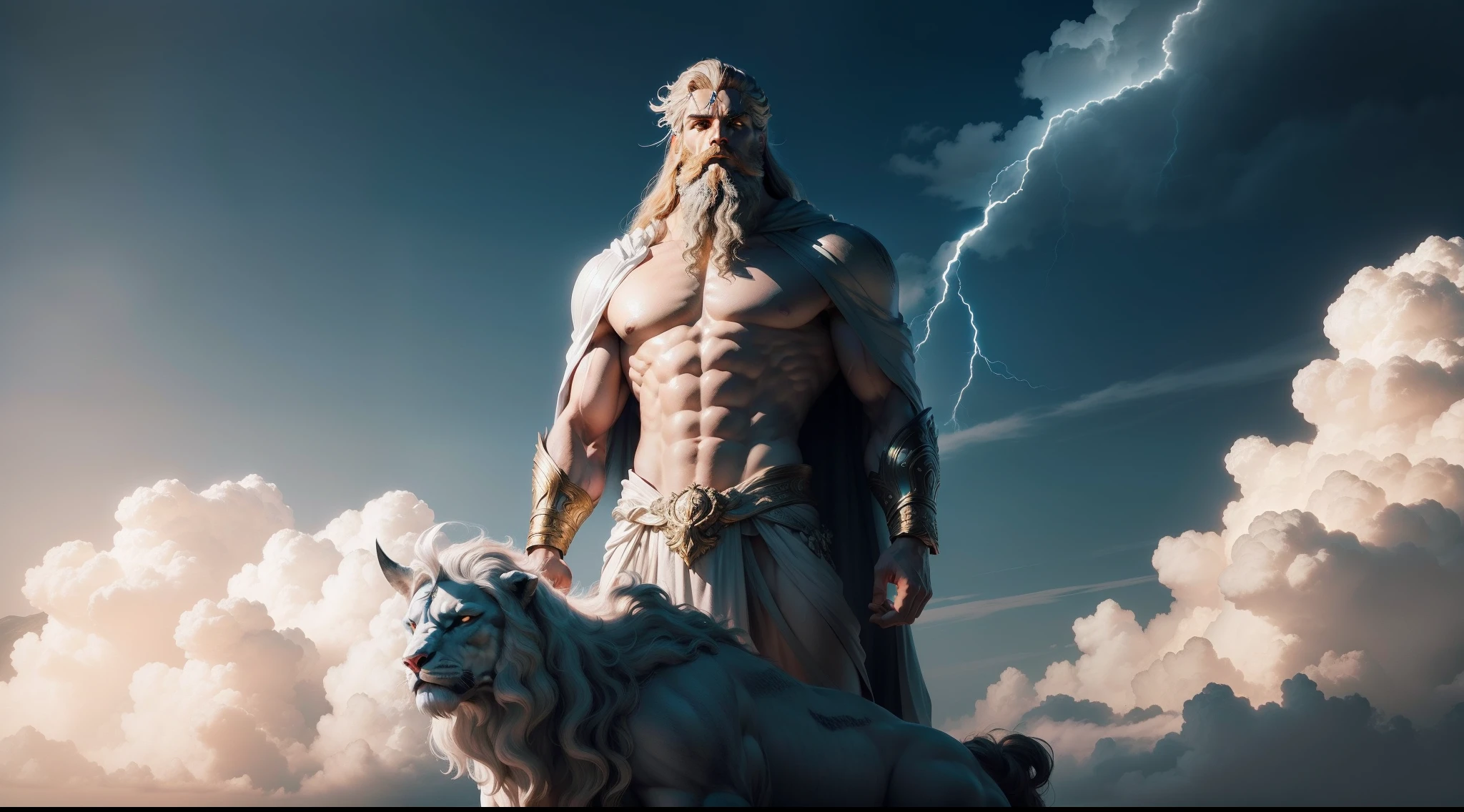 A majestic Zeus stands atop Mount Olympus, his lightning-streaked cape billowing in the wind.