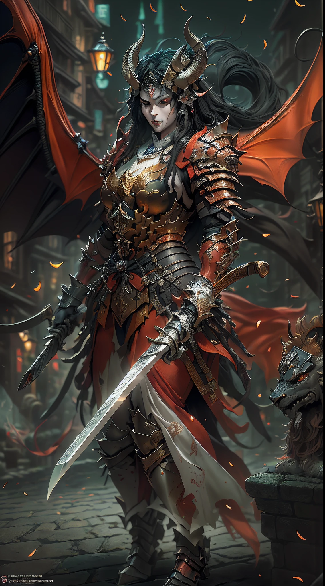 there is an illustration of a woman samurai fighting a red skinned demon in the streets at night. A Japanese woman samurai, a female warrior, ultra detailed face (best details, Masterpiece, best quality: 1.5), ultra feminine, exquisitely beautiful pale skin, long hair, black hair, dynamic eyes color, armed with a katana (best details, Masterpiece, best quality: 1.5), shinning sword (best details, Masterpiece, best quality: 1.3) wearing armor. BREAK [and] a [demon] (best details, Masterpiece, best quality: 1.4), red skinned, black eyes, black mane, bat wings, horns, big horns, armed with a long blade covered in flames, covered in red fire. medieval Japanese street (best details, Masterpiece, best quality: 1.4) background, night time, moon light, street lamp light, Ultra-Wide Angle, high detail, award winning, best quality, HD, 16K, 3D rendering, high details, best quality, highres, ultra wide angle, 3D rendering, photorealistic, ultra realistic [[anatomically correct]]