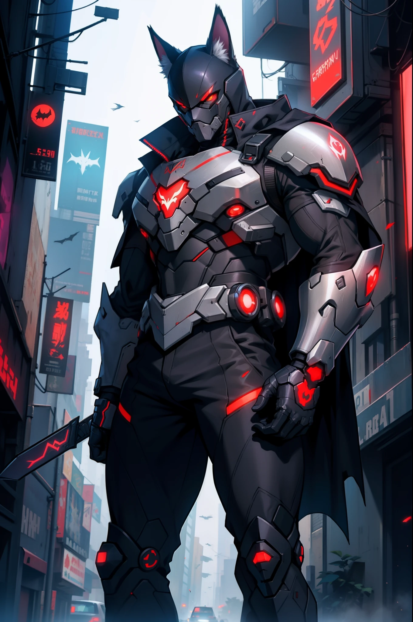 Black and red Batman jackal in suit with sword and armor in a city, Caracal Cyborg, Ein anthropomorpher Cyberpunk-Fuchs, Cyberpunk-Held, Cyber-Kampfrüstung, Cyberpunk-Ritter, Dressed in cyber armor, The Knight of Golden Cyborg Armor, Trend auf ArtStation, Cyber Armament, Cyber-Anzug, Cyber Armament, als Overwatch-Charakter, Auf ArtStation HD im Trend