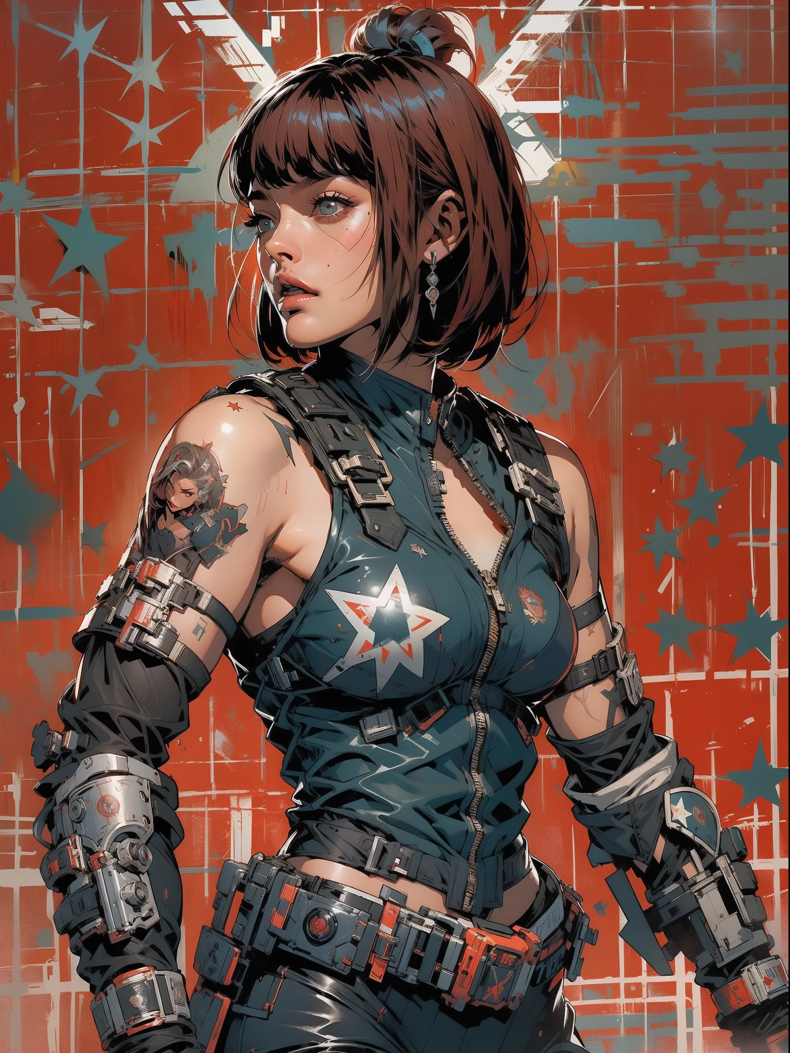 (((mulher))), (((melhor qualidade))), (((obra prima))), (((adulto))), (((1girl))), ((( corte de cabelo bob ))), Uma gladiadora cyberpunk mulher de 25 anos com corpo perfeito, shoulder pads with metal spines, Gladiadores do Brooklyn, (( corte de cabelo bob )), tiny leather panties, camiseta de time de rugby rasgada, quase nua no estilo selvagem urbano de Simon Bisley para a capa da revista Heavy Metal, Cabelo loiro curto, Minimum clothing, Metal protection on the left arm with intricate graphics, Dark red with white stars and white and navy blue checkerboard pattern, armadura, cheio de pontas e rebites, (((do joelho pra cima))), cabelos loiro branco curto, no fundo uma parede pintada por Shepard Fairey com um design intrincado