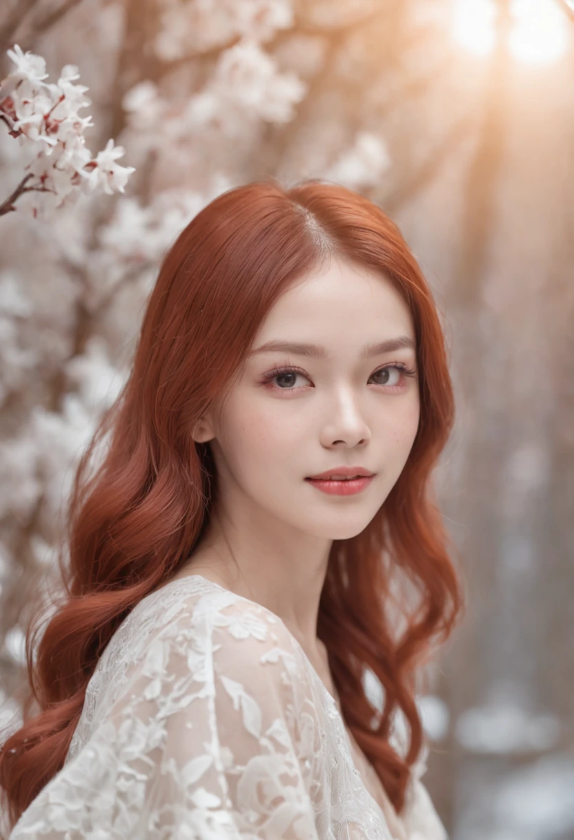 8K high-definition video, A young woman of unusual beauty is the central focus. Her red hair, Long and flowing, Cascade on shoulders and back, Seems to glow like a ruby thread in the light. His light brown eyes are deep and expressive, Capture the light dancing around you、Radiates calm joy. white and snow-white skin, Contrast gently with bright hair, Looks like illuminated porcelain.

An infectious smile adorns her lips, Reveal perfect white teeth, Implies that she is in a moment of pure happiness. The smile is very attractive、Can illuminate any environment around you. His features are soft and angelic, As if carved by the hand of God.

An aura of youth and timeless beauty surrounds her, emphasize the uniqueness of its appearance,. She seems to be immersed in a moment of pure joy, With eyes that shine with enthusiasm and positivity. The soft light that surrounds her is、Emphasizes the magical atmosphere that seems to be following her, Creating a memorable portrait of a young woman whose beauty and happiness are truly unique and attractive.