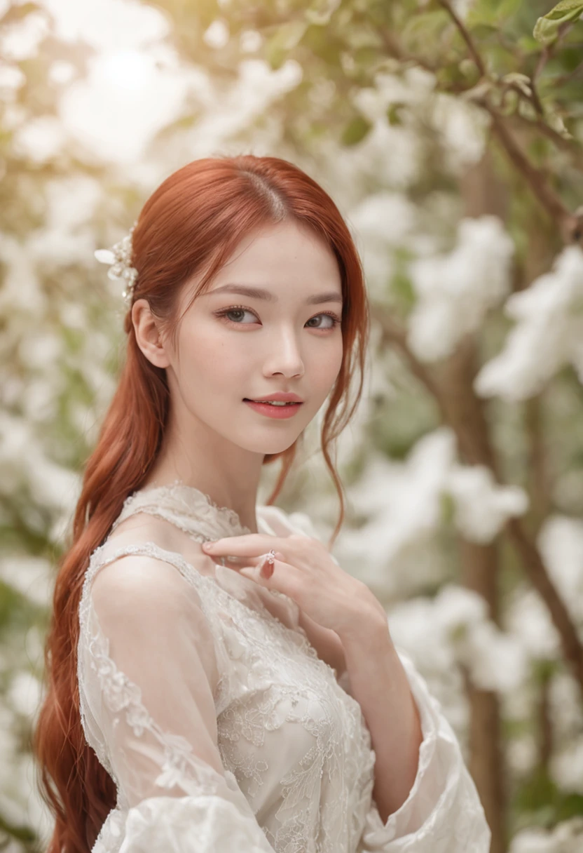8K high-definition video, A young woman of unusual beauty is the central focus. Her red hair, Long and flowing, Cascade on shoulders and back, Seems to glow like a ruby thread in the light. His light brown eyes are deep and expressive, Capture the light dancing around you、Radiates calm joy. white and snow-white skin, Contrast gently with bright hair, Looks like illuminated porcelain.
An infectious smile adorns her lips, Reveal perfect white teeth, Implies that she is in a moment of pure happiness. The smile is very attractive、Can illuminate any environment around you. His features are soft and angelic, As if carved by the hand of God.
An aura of youth and timeless beauty surrounds her, emphasize the uniqueness of its appearance,. She seems to be immersed in a moment of pure joy, With eyes that shine with enthusiasm and positivity. The soft light that surrounds her is、Emphasizes the magical atmosphere that seems to be following her, Creating a memorable portrait of a young woman whose beauty and happiness are truly unique and attractive.