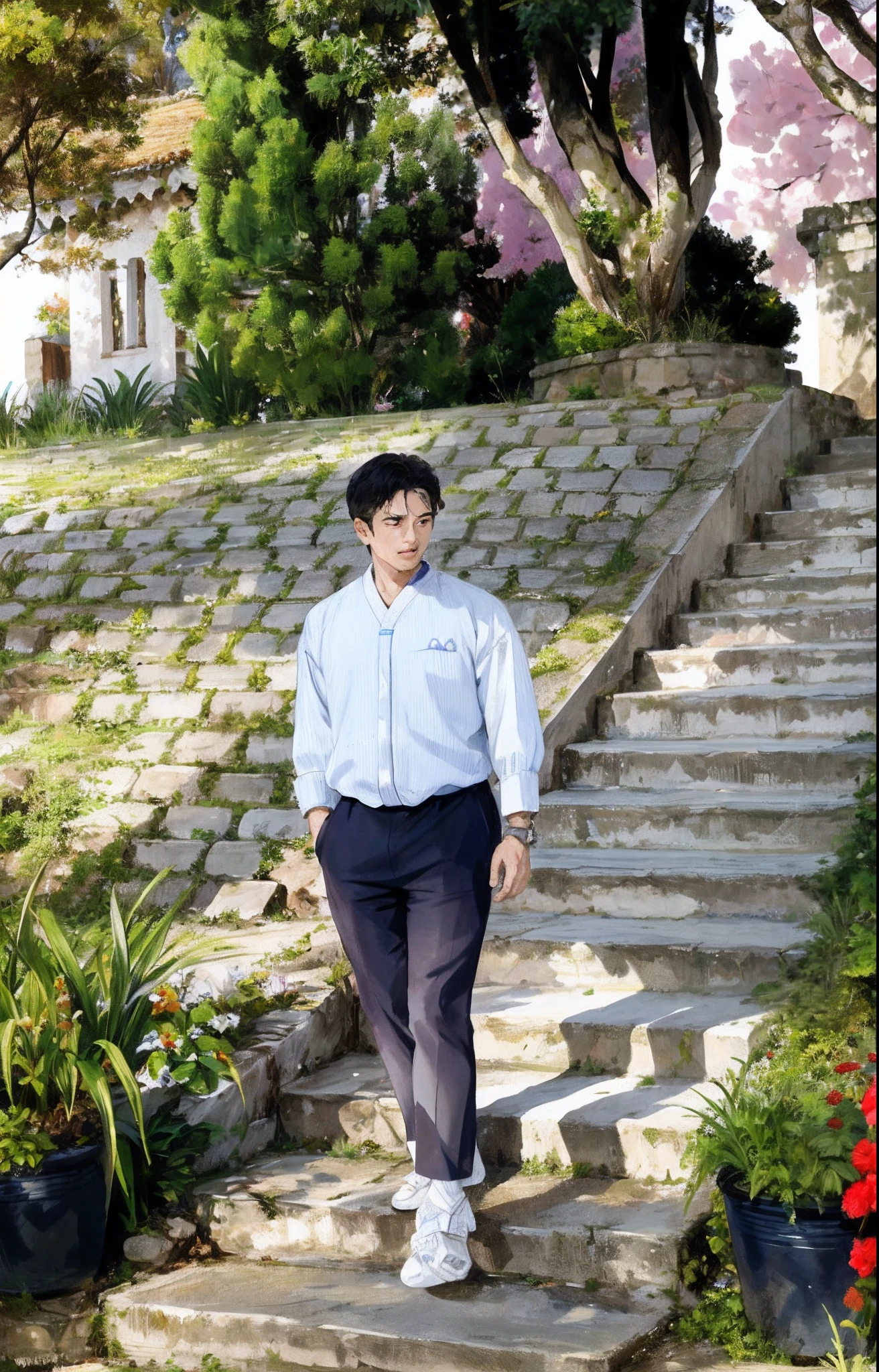 Absurd, high definition, super detailed, texture details, clear presentation, HD details, detail performance, fine details, clear face, precise restoration, clear eyeballs, (1 person: 1.3), hand-drawn, simple lines, an 18-year-old man in colorful Hanfu, standing under the village entrance, masterpiece, sunny day, looking at the camera