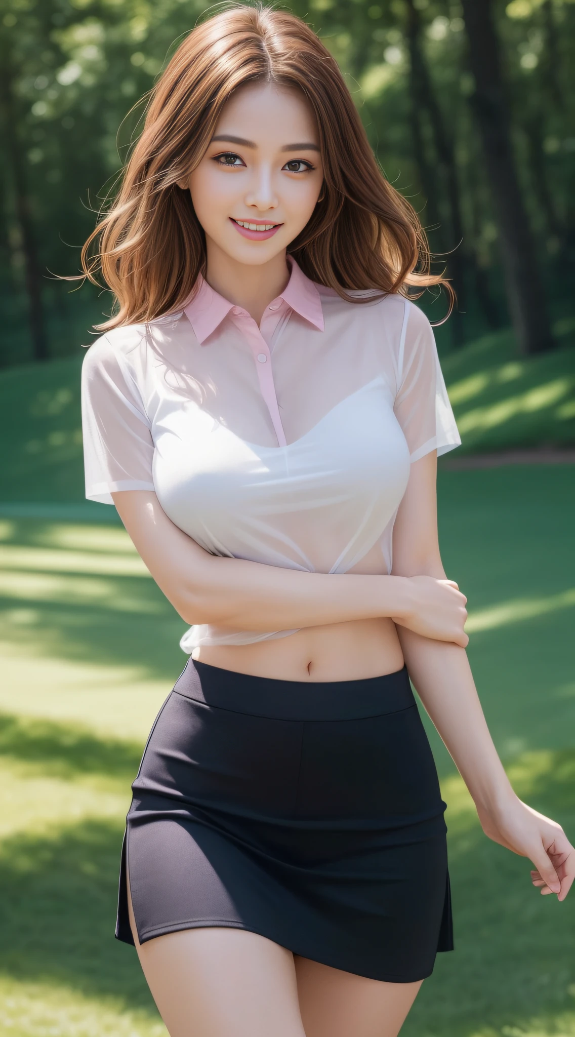 8k, masterpiece, RAW photo, best quality, photorealistic, extremely detailed CG unity 8k wallpaper, Depth of field, Cinematic Light, Lens Flare, Ray tracing, (extremely beautiful face, beautiful lips, beautiful eyes), intricate detail face, ((ultra detailed skin)) 1girl, in the dark, deep shadow, pretty girl, (very slim slender fit-muscled body:1.3), ((looking at viewer)),(big smile:1.3), clear eyes, walking , front shot, (pale skin), (big eyes), face forward, (upper body shot), (brown hairs), open navel, (looking at viewer:1.3), very slim, medium breasts, thick thighs, see through, wet, tight shirts, pink color shirts, golf uniforms, laced shirts, golf course, landscape, blue sky, lake, sunshine, skirt, (see through)