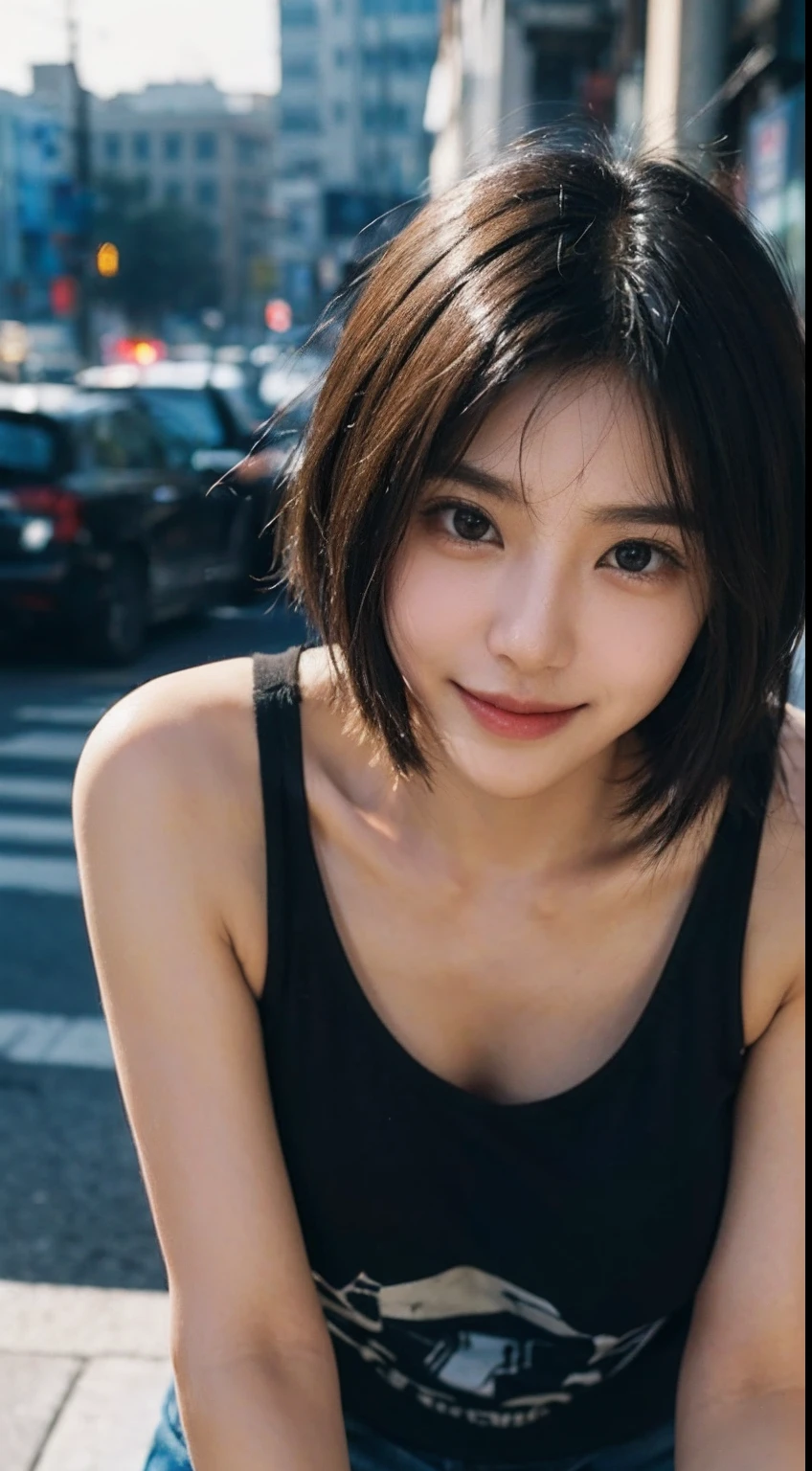 masterpiece、one beautiful women、A detailed face、A detailed eye、Detailed skin、top-quality、japanes、Illuminated from the front with bright lighting、profetional lighting、Always face straight ahead、The background is a little blurry、24 year old、In the background, there are many PC monitors lined up and the wiring is bare.、Streets lined with cyberpunk buildings、Wearing a rock and punk t-shirt、a smile、short-cut、Band Girl、