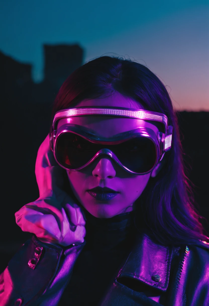 tension, unsettiling, vaporwave, Sintografia, rocococohorrorcore, female, atitude, catsuit, Noite no futuro cores neon, sun glasses, Fotografia 35mm, Hard flash, Superexposta, Multiple_angles