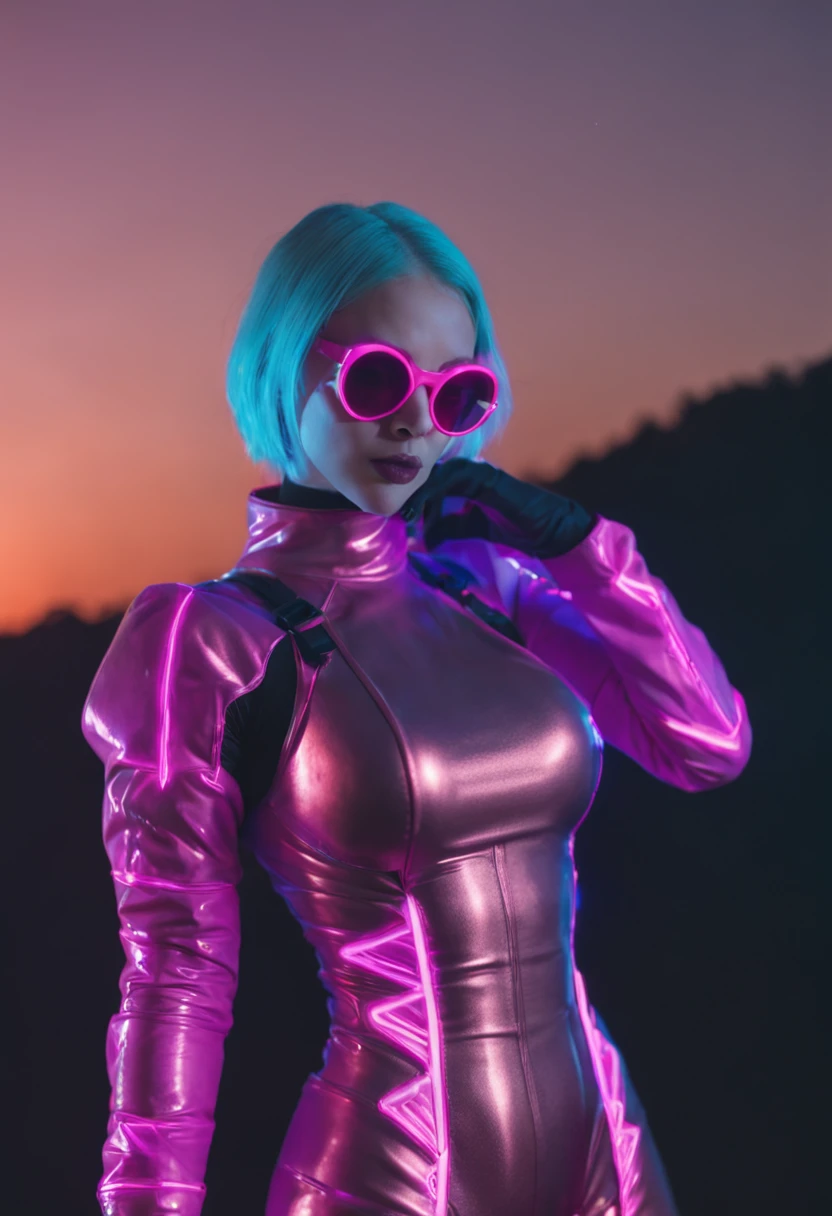 tension, unsettiling, vaporwave, Sintografia, rocococohorrorcore, female, atitude, catsuit, Noite no futuro cores neon, sun glasses, Fotografia 35mm, Hard flash, Superexposta, Multiple_angles