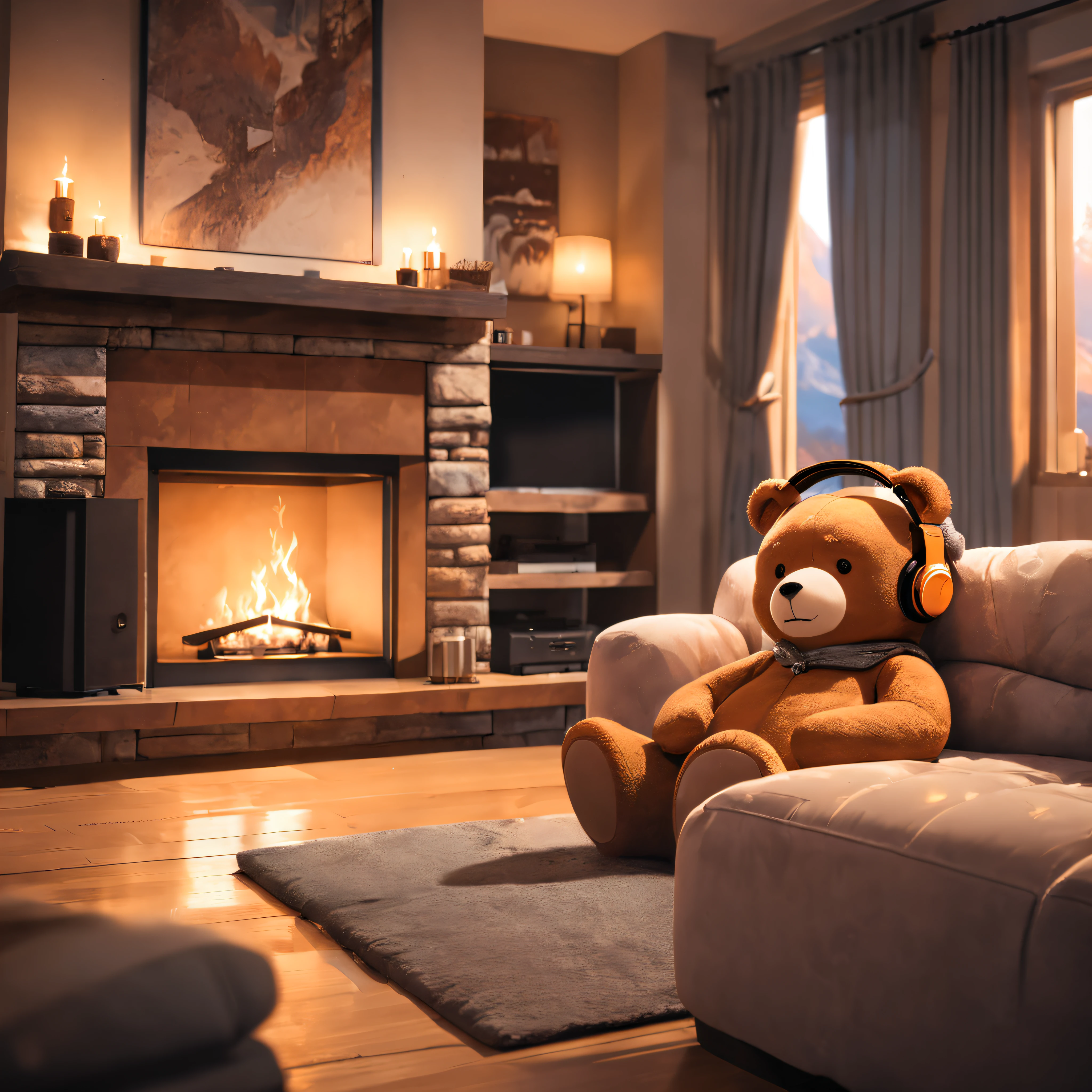 a close up of a living room with a teddy bear listening to headphones, wearing head phones, modern rustic, warm living room, integrated in the mountains, cozy living room, cozy living room interior, cozy contemporary living room, sitting in rural living room, warm interiors, warm interior, cozy living room background, soothing and cozy landscape, fire place roaring, fireplace, warm fireplace,