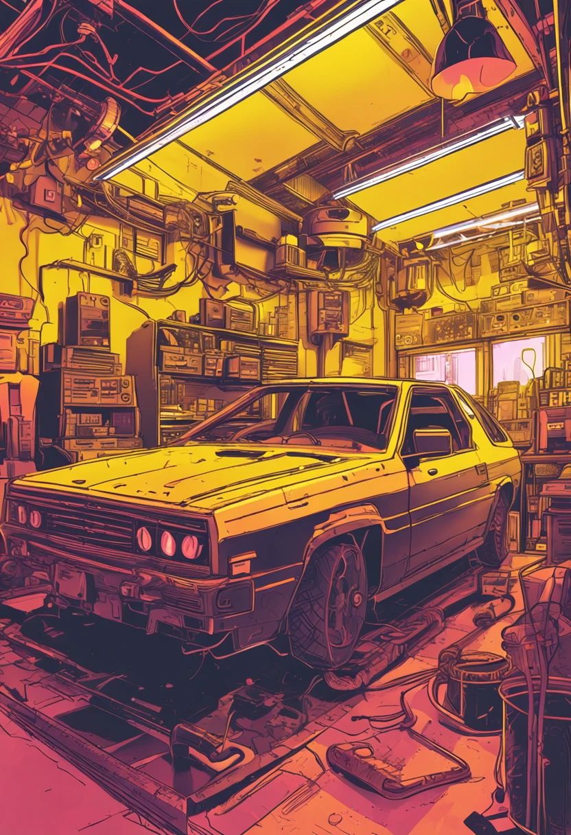 Cyberpunk workshop with yellow neon lighting