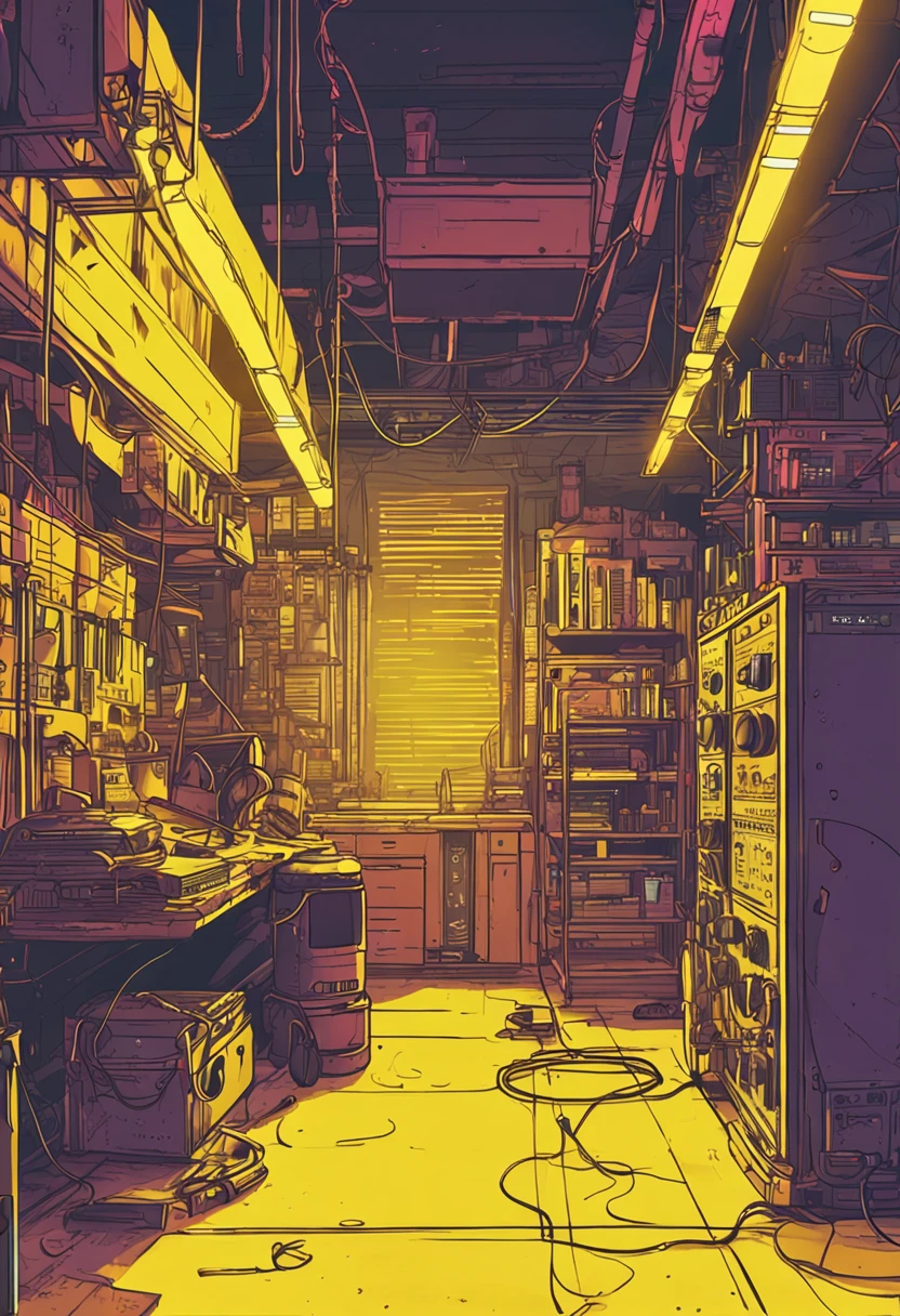 Cyberpunk workshop with yellow neon lighting