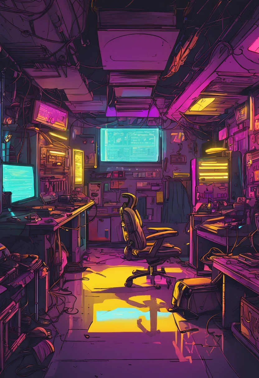 Cyberpunk workshop with yellow neon lighting