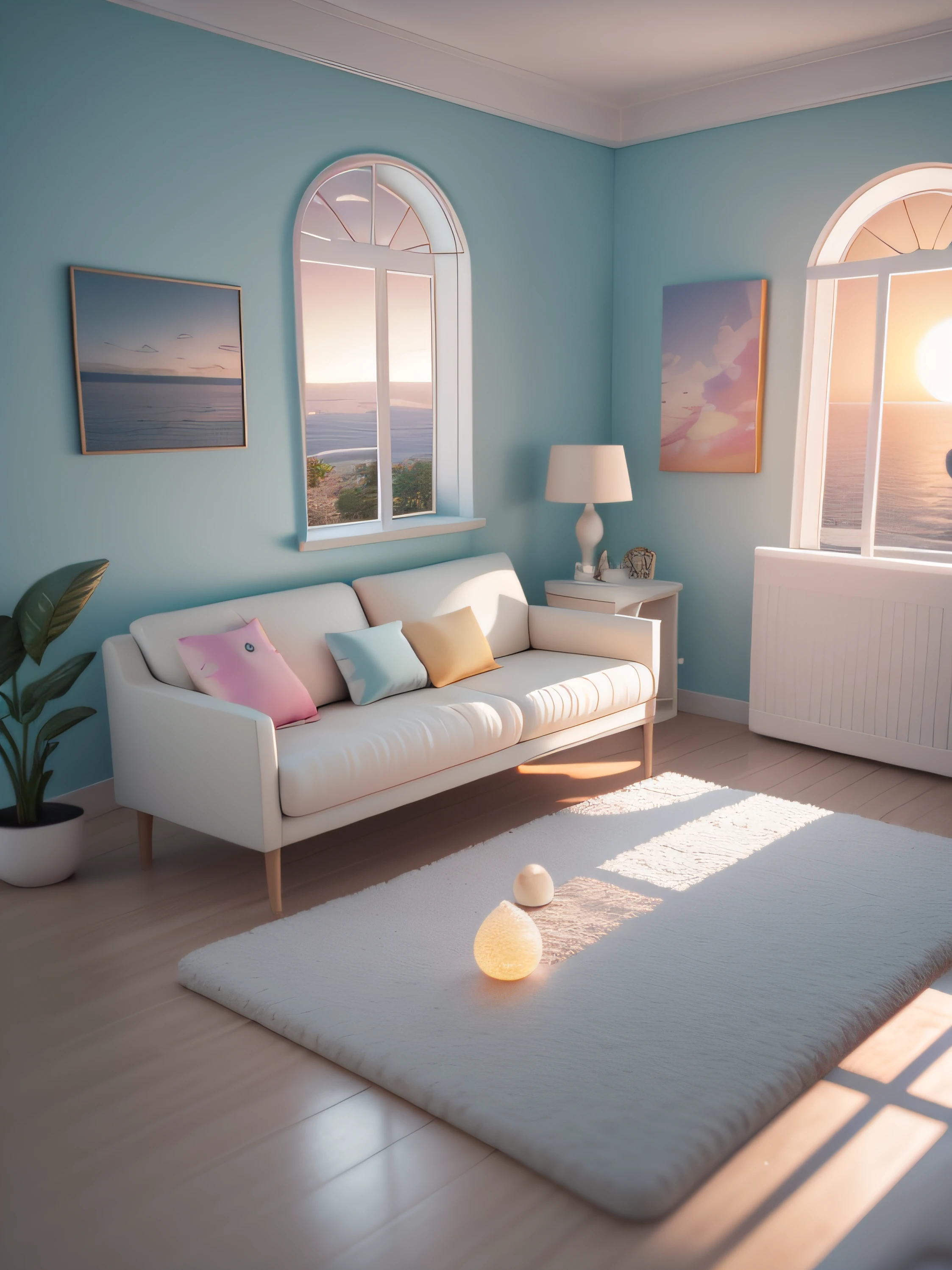 sala de estar，sofa，hug pillow，Pintura，decoration，varanda，the setting sun，scenecy，dentro no quarto，4k，tmasterpiece，A high resolution，extremamente intrincado）（realista：1.4），3D Clay Rendering，fundo branco，c4d