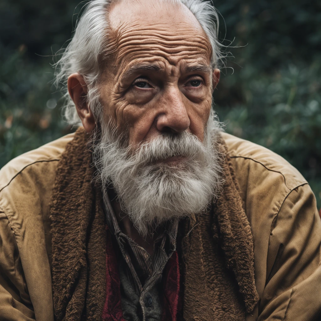 Old man, big white beard, sitting on tree stump, thoughtful and lost look, wise old man. Realistic image, isolated place.