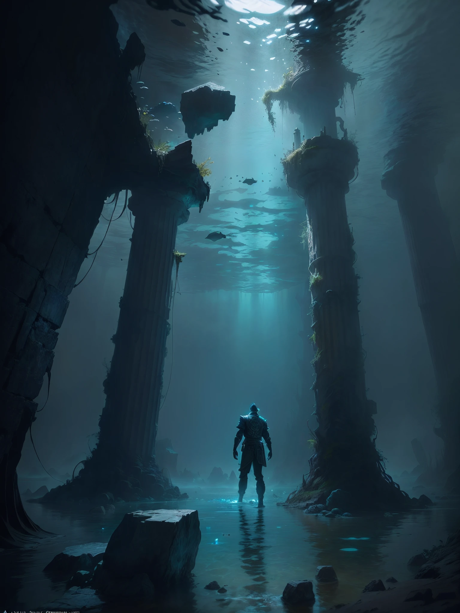 there is a man standing in the water in a cave, underwater temple, submerged temple scene, dramatic concept art, eerie nostalgic concept art, concept art 8 k, photorealistic dark concept art, jessica rossier fantasy art, detailed 4k concept art, an underwater city, undersea temple, award winning concept artist, 4k concept art, underwater city
