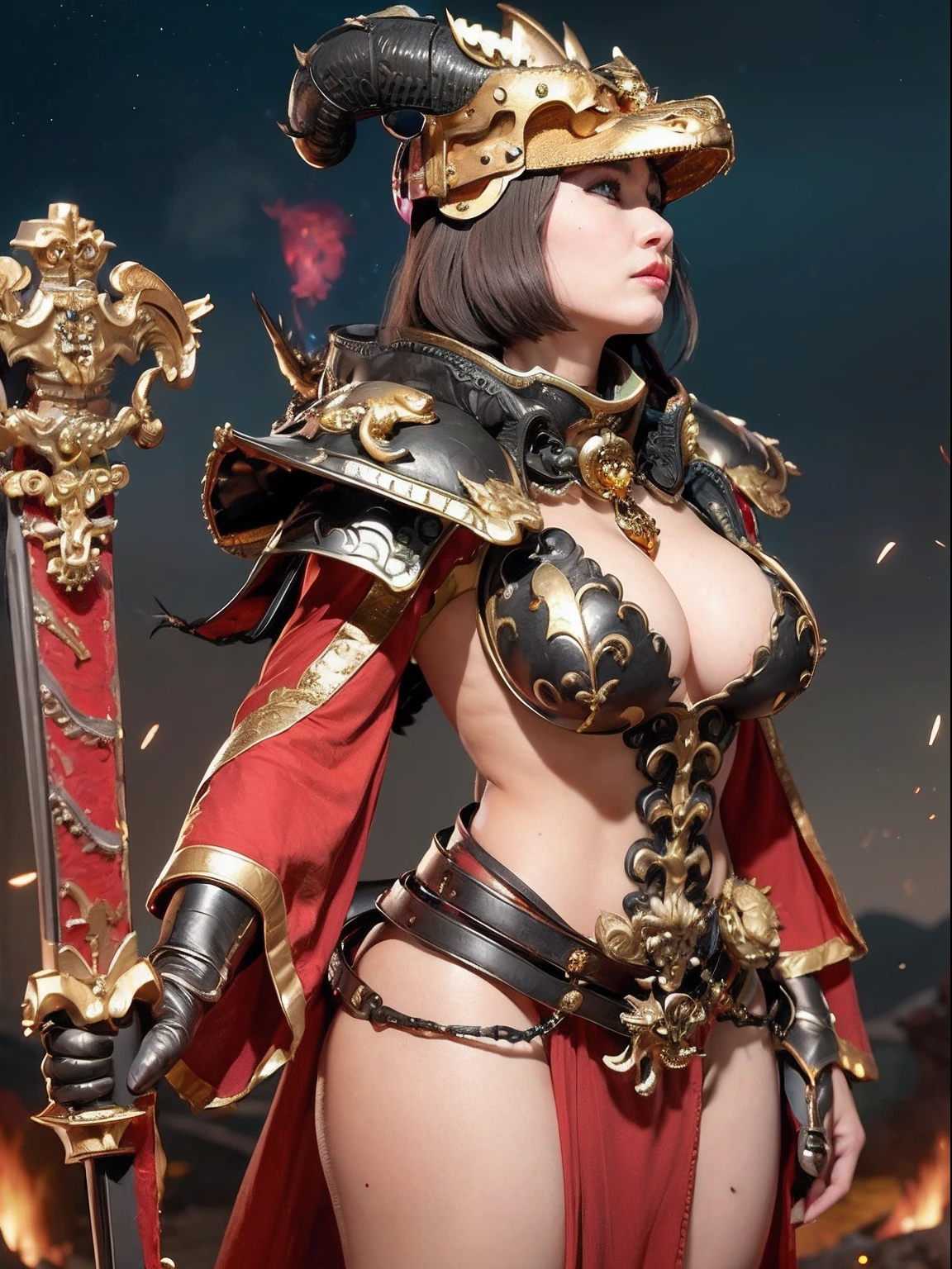 Professional , ​masterpiece、top-quality、photos realistic , depth of fields （Gemstone Black Metal Body:1.９),(Enamel Black、（cleavage of the breast）、（Chinese Dragon）、Mystical expression、Dragon Gold Weapon（Dragon Metal Body:1.４),Gorgeous gold weapons ,（（ Dragon's dense and gorgeous sword）） ,  、blood splashing、  ,warhammer 40k , adepta sororitas,Detail and gorgeous crown、（（Brown hair））、（The dragon）、（Castle background）、The dragon、（（Gangle's forest background））、Beautiful Caucasian beauty、（１a person）、dynamic ungle,(((Detailed and ornate dragon helmet)))、Smaller head、A smile、Castle background、Thin and beautiful female hands、cleavage of the breast、Mystical expression、Light Effects、Wind-effect、magic circles、With the legendary magic wand、（demonic wings）、Toostock、