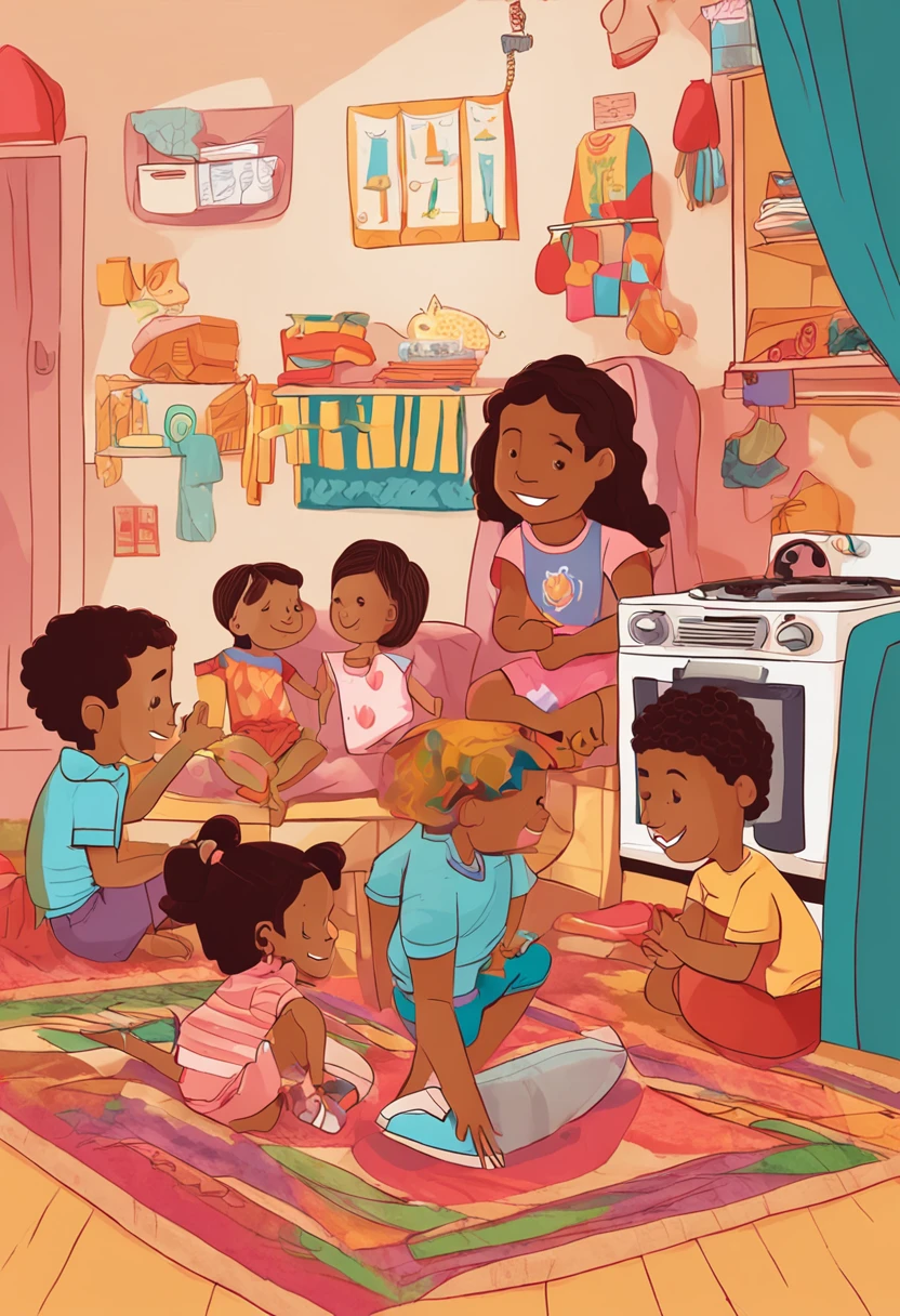 The image depicts four children, com idades entre 6 e 10 anos, brincando animadamente em casa. The scenery is cozy, com uma sala ampla e bem iluminada. Children are dressed in colorful clothes and barefoot, demonstrando total liberdade e conforto.

No centro da sala, There is a soft and colorful carpet, where children are sitting in a circle, envolvidas em uma brincadeira de tabuleiro. They're focused, atentas, e sorriem com entusiasmo a cada jogada. The looks of concentration and joy are evident on their faces.