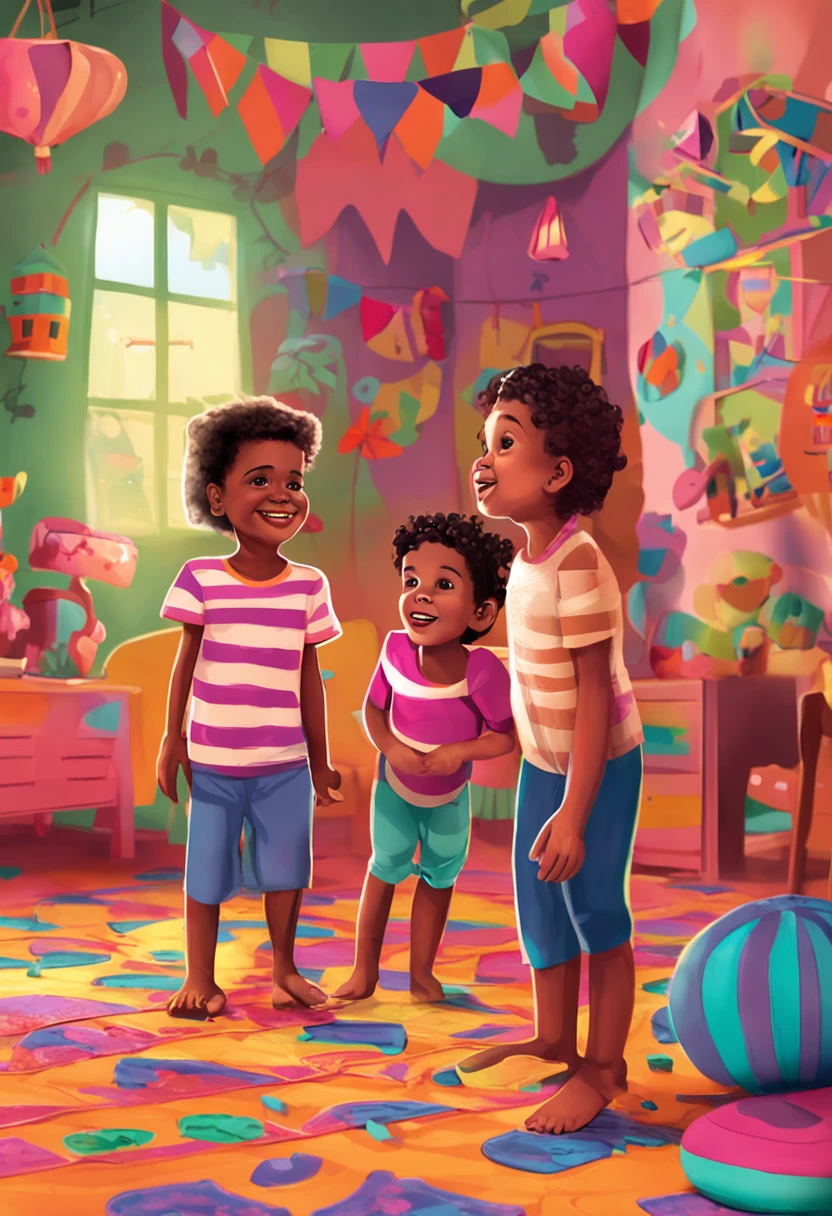 The image depicts four children, com idades entre 6 e 10 anos, brincando animadamente em casa. The scenery is cozy, com uma sala ampla e bem iluminada. Children are dressed in colorful clothes and barefoot, demonstrando total liberdade e conforto.
No centro da sala, There is a soft and colorful carpet, where children are sitting in a circle, envolvidas em uma brincadeira de tabuleiro. They're focused, atentas, e sorriem com entusiasmo a cada jogada. The looks of concentration and joy are evident on their faces.