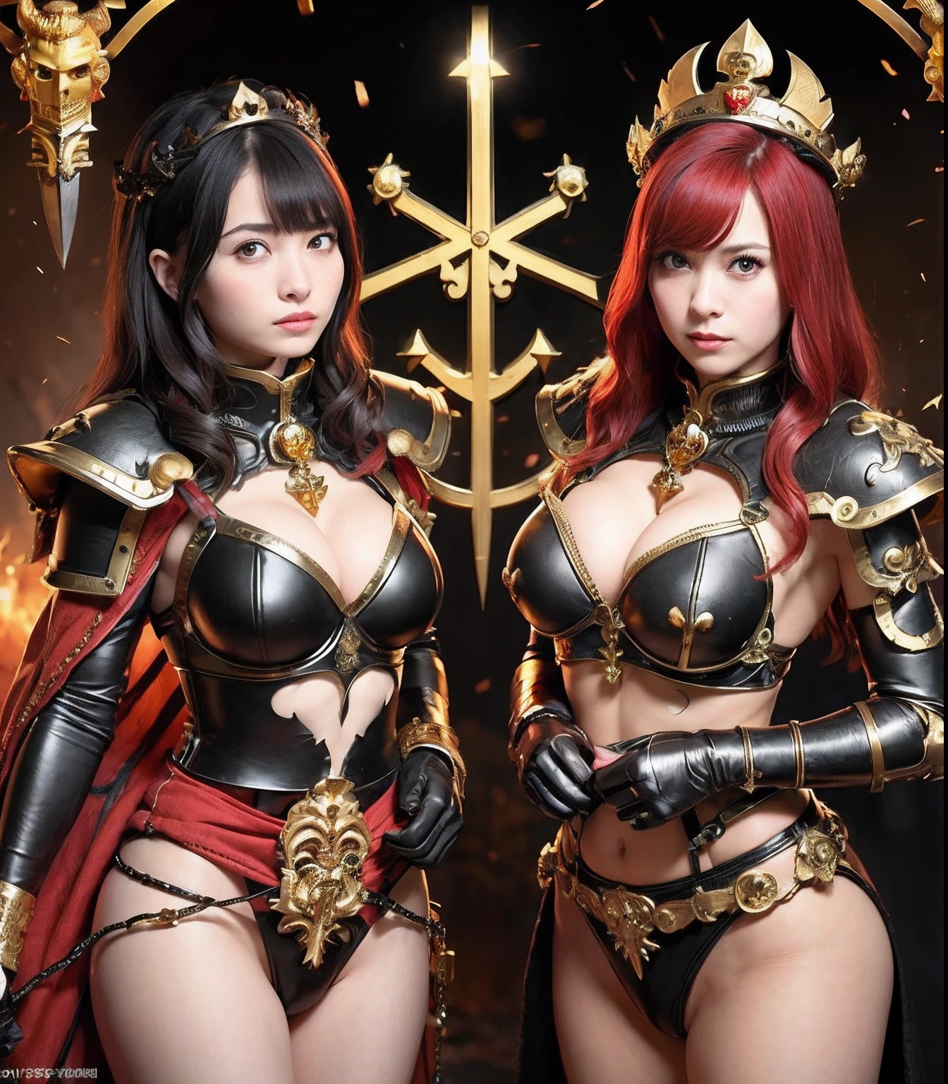 (masutepiece), Professional , ​masterpiece、top-quality、photos realistic , depth of fields （Dragon Black Metal Body:1.９),(Matte Black、（cleavage of the breast）、（Shout with your mouth wide open）、Dragon Gold Weapon、（bikini-armor),Gorgeous gold weapons ,（（ Dragon's dense and gorgeous sword）） , Beautiful knife   ,warhammer 40k , adepta sororitas,Detail and gorgeous crown、（（Red hair））、（Castle background）、The dragon、（（Gangle's forest background））、Beautiful Caucasian beauty、（１a person）、dynamic ungle,(((Detailed and ornate Black Devil Crown)))、Smaller head、Strange smile、Castle background、Thin and beautiful female hands、cleavage of the breast、Soldier in iron armor on background、Mystical expression、Light Effects、intense fighting、Wind-effect、magic circles、With the legendary magic wand、（demonic wings）、