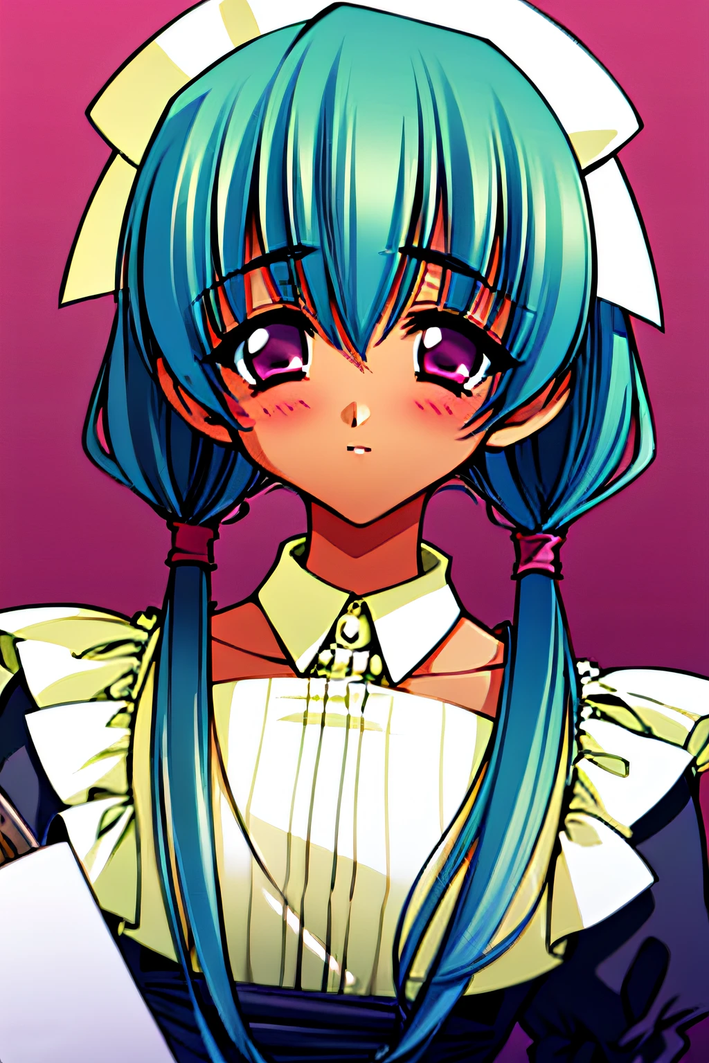 ((masterpiece, high quality, best quality)), (1 boy, solo male), {{light blue maid outfit}}, {pigtails, green hair, pink eyes}, blush, ((dark skin)), upper body