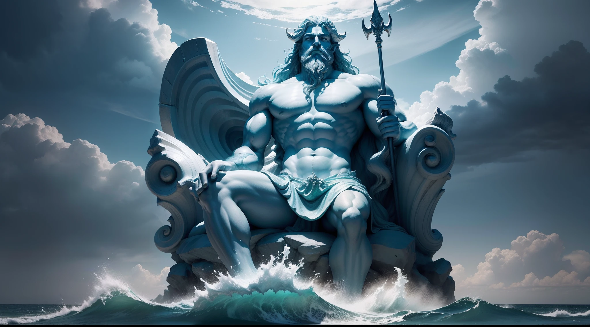 Poseidon, the god of the sea, stands atop a towering wave, his trident raised in defiance of the unknown.