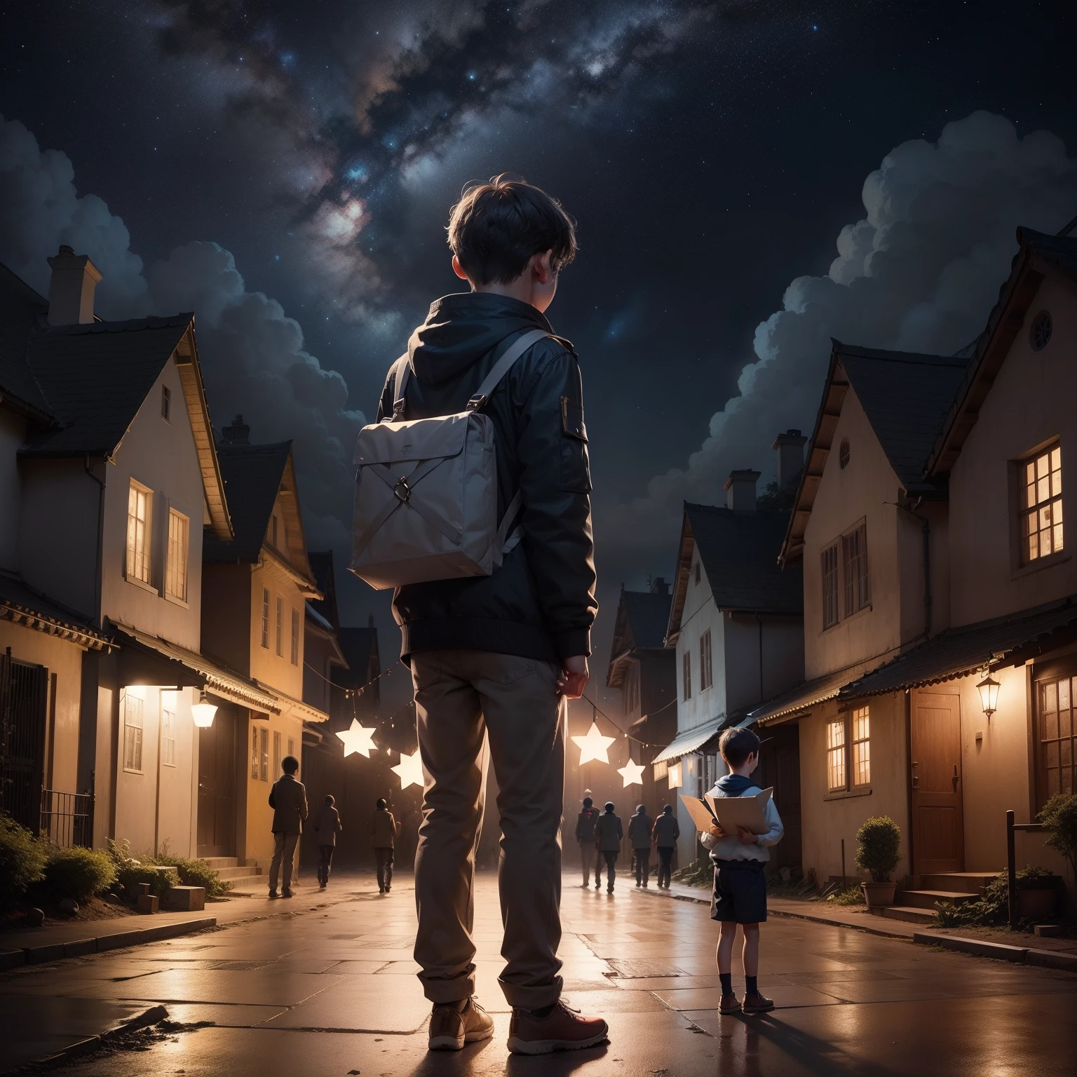 Create an illustration of the boy standing in front of the orphanage at night, looking at the starry sky while holding the letter open with the intriguing message. The brightness of the Star of Hope should be the focal point, illuminating your determined expression.