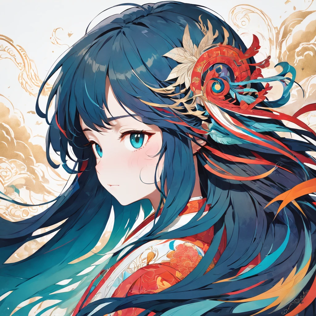 (White background:1.4),(Silhouette of a girl's head, Eyes closed, colorfull long hair, Oriental elements),(Chinese illustration:1.3,paper art:1.3, Quilted paper art:1.2),( reasonable design, Clear lines, High sharpness,Best quality, Very detailed, Masterpiece, movie light effect, 4K )