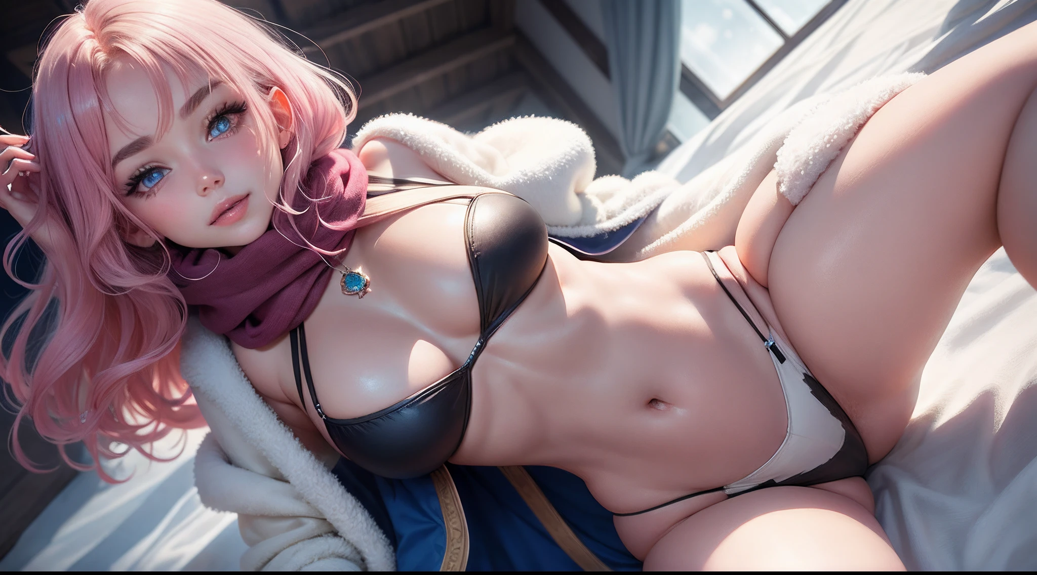 (closeup cleavage:1.4),
(RAW photogr:1.2),(realisticlying:1.4),(tmasterpiece:1.3),(best qualtiy:1.4),dream magical,(Detailed eyes),(detailedfacialfeatures),(detailed clothes features),skin tight,(shiny skins),(slender girl),1girll,((full bodyesbian)),独奏,adolable,smlie,(mediuml breasts),By bangs,hair straight,long whitr hair,Pink hair,eBlue eyes,Red crystal pendant, Long blue scarf,White long wool coat,snowfield