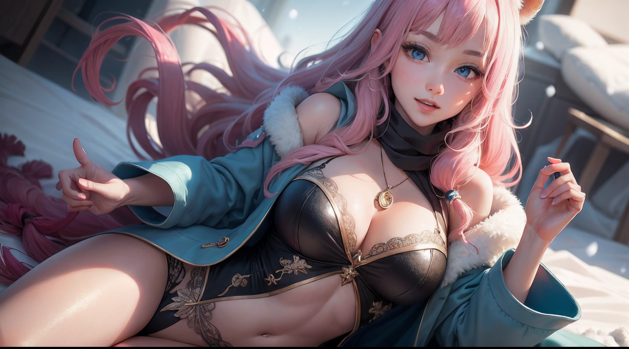 (closeup cleavage:1.4),
(RAW photogr:1.2),(realisticlying:1.4),(tmasterpiece:1.3),(best qualtiy:1.4),dream magical,(Detailed eyes),(detailedfacialfeatures),(detailed clothes features),skin tight,(shiny skins),(slender girl),1girll,((full bodyesbian)),独奏,adolable,smlie,(mediuml breasts),By bangs,hair straight,long whitr hair,Pink hair,eBlue eyes,Red crystal pendant, Long blue scarf,White long wool coat,snowfield