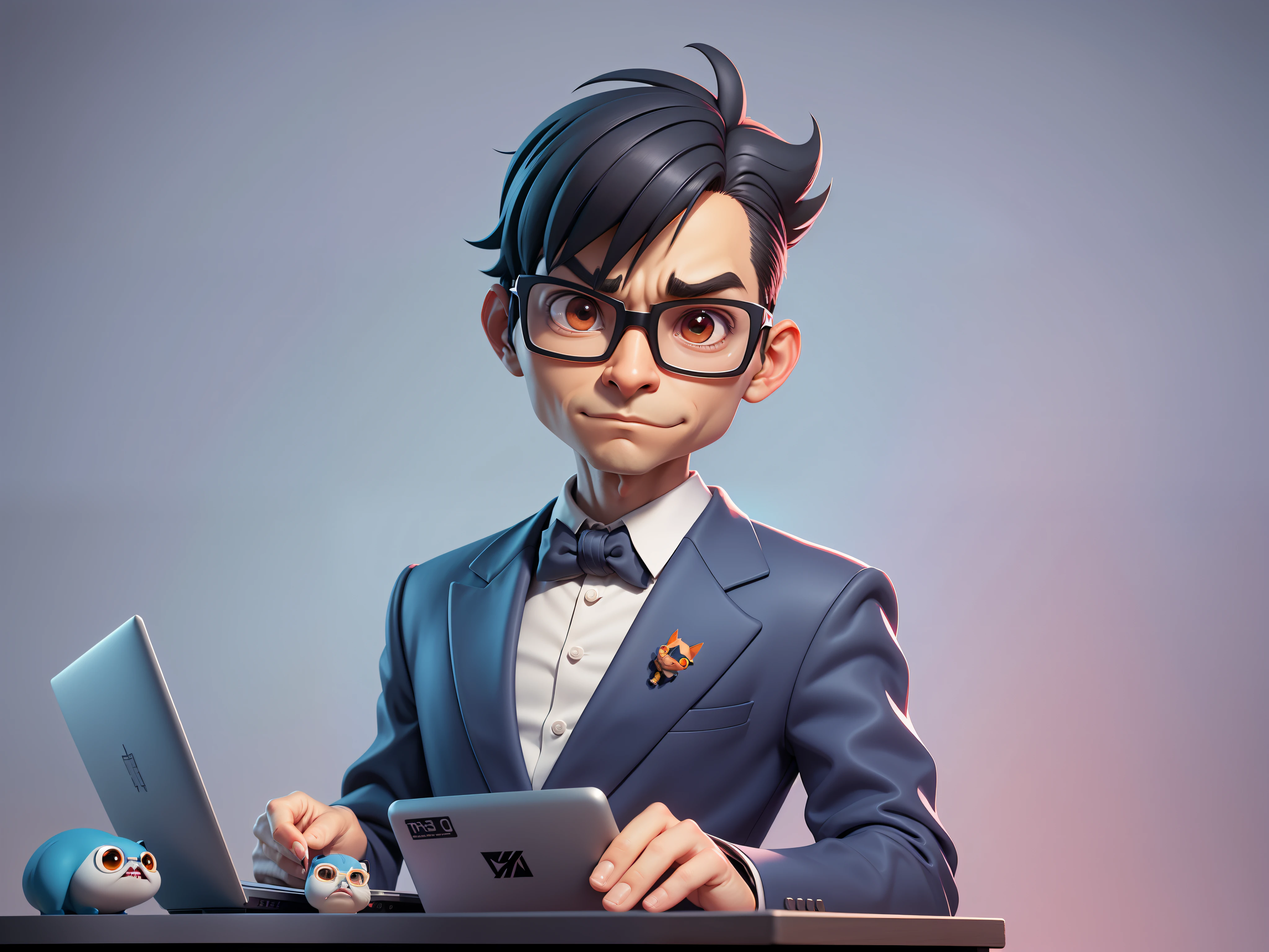 A young man in a suit, Short hair and glasses sat at his desk,holding laptop,digitial painting,tigre,3D character design by Mark Clairen and Pixar and Hayao Miyazaki and Akira Toriyama,4K HD illustration,Very detailed facial features and cartoon-style visuals。