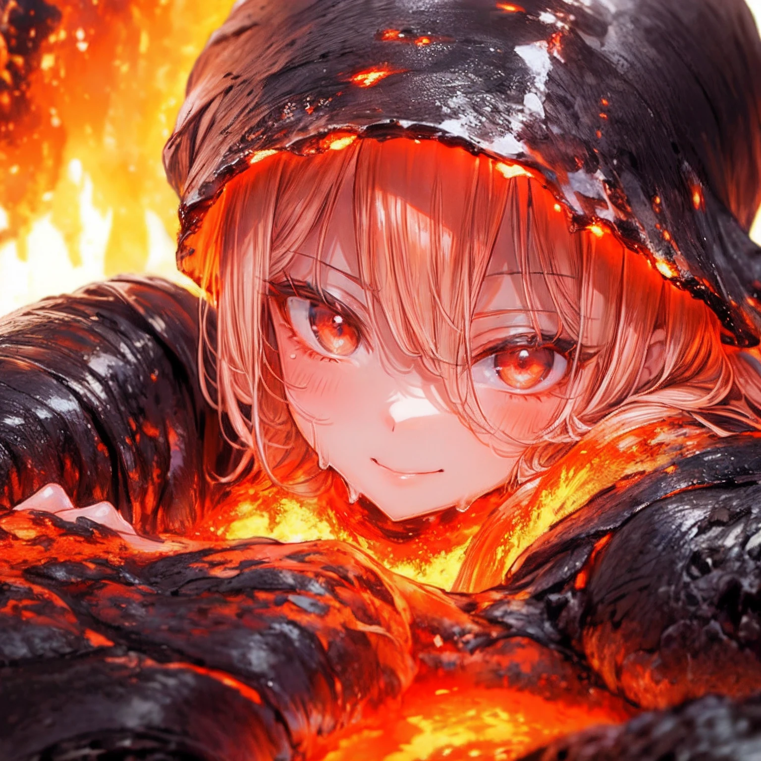 thumbs up,close-up,depth of field,foreshortening,(eruption girl:1.3),lava,magma,slime girl,transparent red skin,nude,wet,smirk
