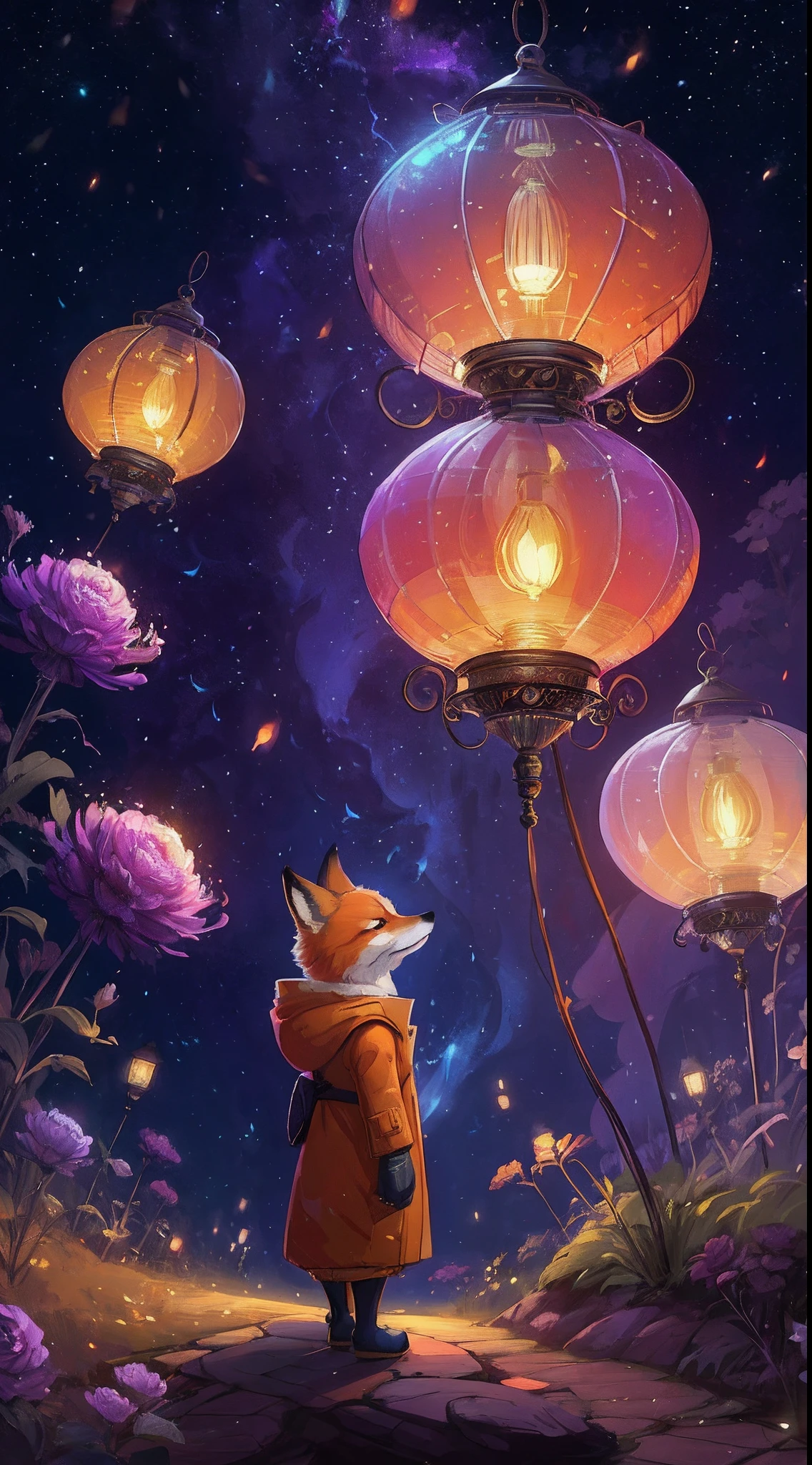 a painting of a fox in a coat looking at lanterns, glowing lanterns, beeple and jeremiah ketner, beautiful art uhd 4 k, amazing wallpaper, lanterns, glowing lights! digital painting, cyril rolando and goro fujita, beautiful digital artwork, inspired by Cyril Rolando, 4k highly detailed digital art, cute detailed digital art, lantern light