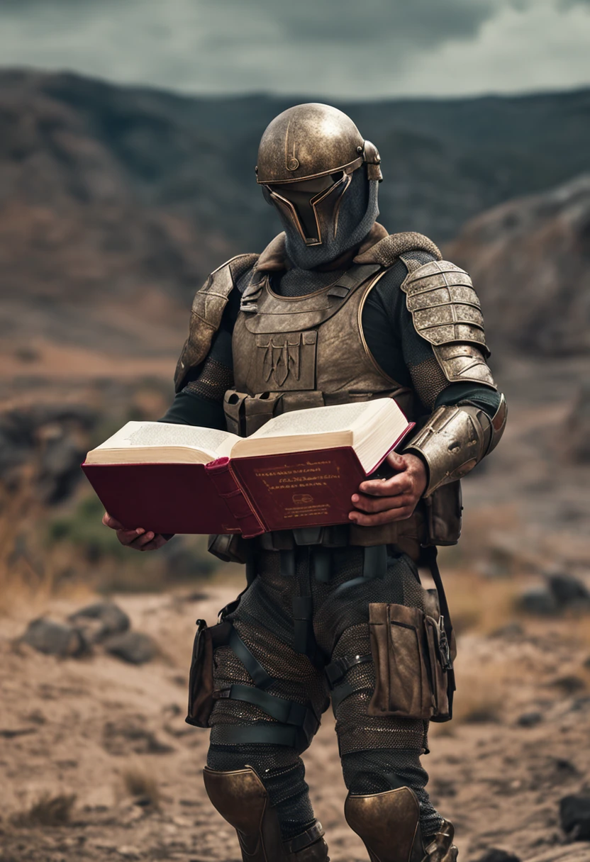 soldado com armadura super realista 8k,holding the holy Bible ,Apocalyptic place , pregando o evangelho para as pessoas pobres , priorizar detalhes