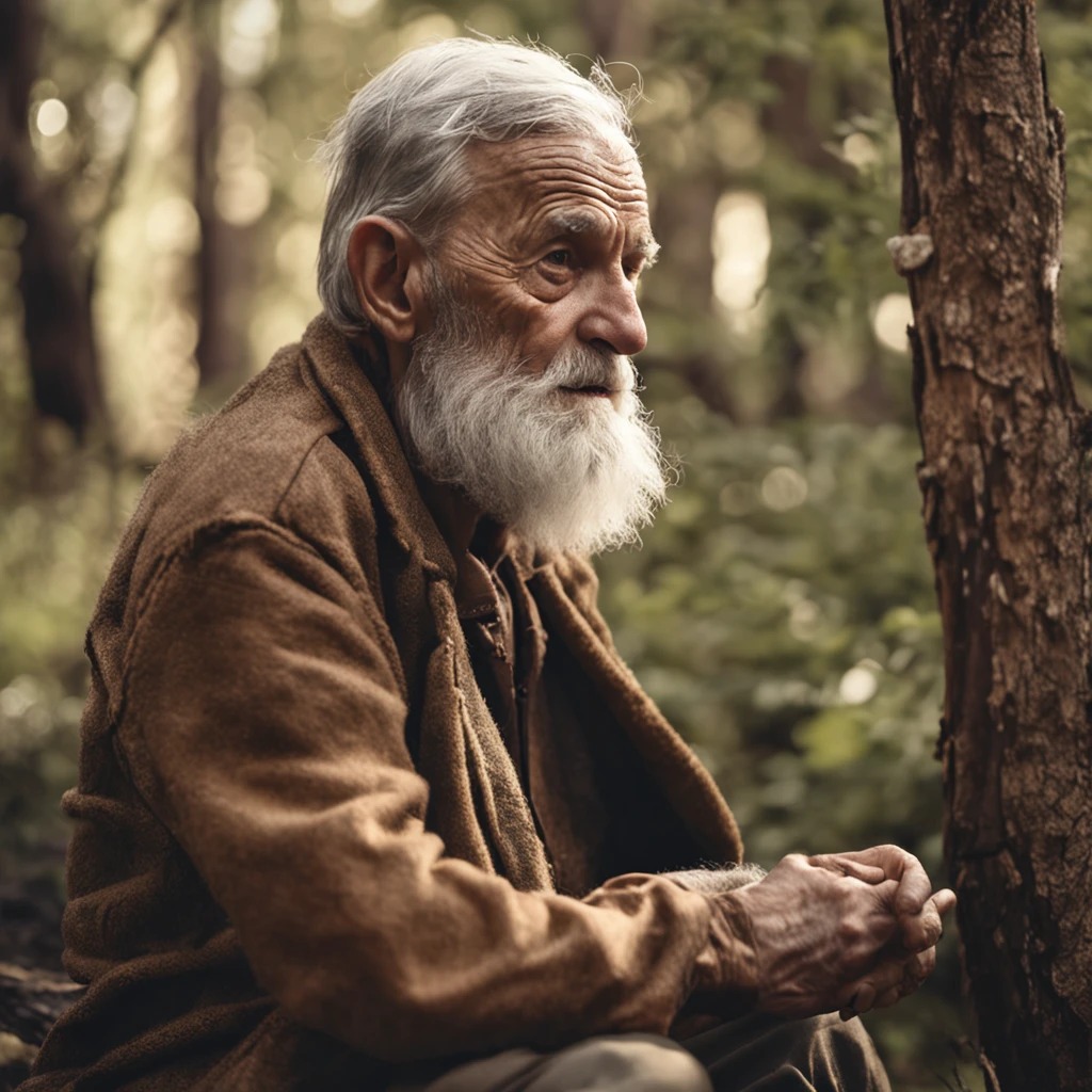 Old man, big white beard, sitting on tree stump, thoughtful and lost look, wise old man. Ancient realistic image, isolated place.