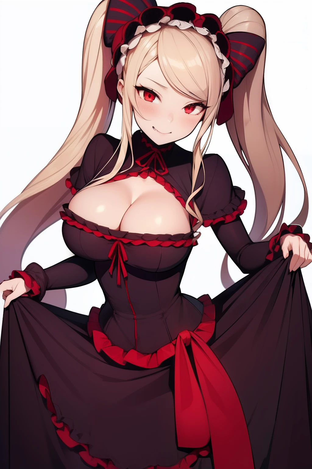 1girl, blonde_hair, bonnet, breasts, commentary_request, dress, fang, frilled_dress, frills, gothic_ta, hair_ribbon, hand_on_own_chest, highres, large_breasts, loliashion, long_hair, looking_at_viewer, overlord_(maruyama), pale_skin, red_eyes, ribbon, shalltear_bloodfallen, side_ponytail, sidelocks, skirt_hold, solo, tousen, undead, vampire, very_long_hair