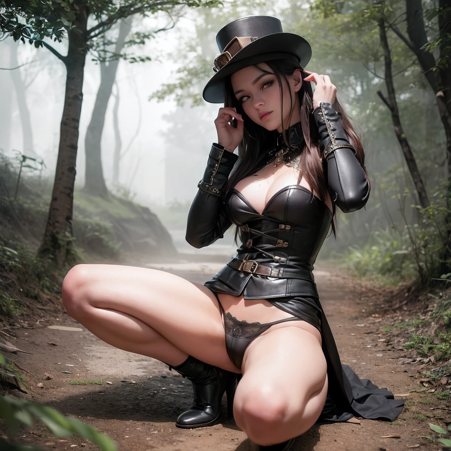 nsfw, (Ultra Realistic), (High Resolution), (8K), (Very Detailed), (Beautiful and Detailed Eyes), (Best Quality), (Ultra Detailed), (Masterpiece), (Wallpaper), (Detailed Face), Solo, girl, Lookout, Detailed, Face, Dark, Deep Shadow, Low Key, Smile, Bust, (Steampunk fashion, steampunk brawn hat, steampunk white shirt, steampunk brawn skirt, steampunk brawn long-boots, steampunk accessories, steampunk brawn coat, :1.6, Underwear, Mekosuji, Thin Waist, Buttocks, Ultra Fine Makeup), Woman lying with ultra fine clothes, Live Action - (Realistic lighting, Top Quality, 8K, Masterpiece: 1.3)), Clear Focus: 1.2, 1 Girl, Perfect Beauty: 1.4, Slim Abs: 1.1, (Mesh White Panties), (background:Outdoor, Night, Steampunk Street: 1.1), Super Slender Face, Narrow Eyes, Double eyelids, hands on the head, open legs, facing the camera, best quality, masterpiece, ultra high resolution, (photorealistic: 1.4), raw photo, 1 girl, darkness, deep masterpiece, best quality, high resolution, solo, small tits, no bra, puberty, transparent panties, Both thighs are exaggerated, lewd, hairy underwear, heavy breathing, sexual expression, open legs, halfrear Lighting, Backlight, Natural Lighting, Moody Lighting, Cinematic Lighting, Studio Lighting, medium breasts, Soft Lighting, super detailed, insanely detailed and intricate, detailed hair texture, color grading, beautifully color graded, Unreal Engine, Cinematic photography, photo realism, a full scene, a full body,