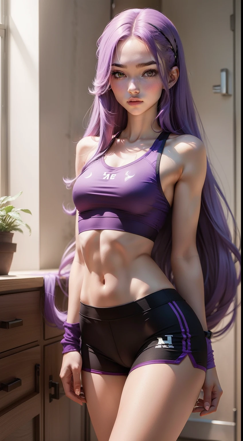 (masterpiece), best quality, nsfw, 1girl, saori_kido, wearing white gym clothes (calvin klein gym top, short gym shorts
Calvin Klein), handsome, huge bust, 18 years old, big expressive eyes, blue eyes, perfect face, most seductive girl imaginable, cute, purple hair, shoulder hip length, wavy hair, voluminous hair, no makeup, happy face, pink lights, tight fitness clothes, short gym clothes,poses,no bra under top, nipple marking top