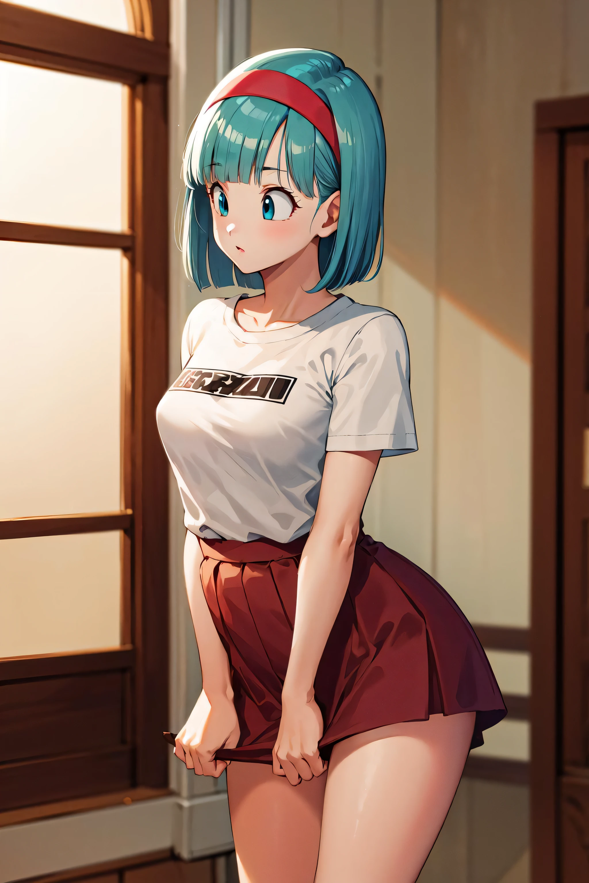 masterpiece, best quality, highres, dragon ball, blmmid, aqua hair, medium hair, blunt bangs, red hairband, medium breasts, shirt, skirt, cowboy shot, indoors, standing,