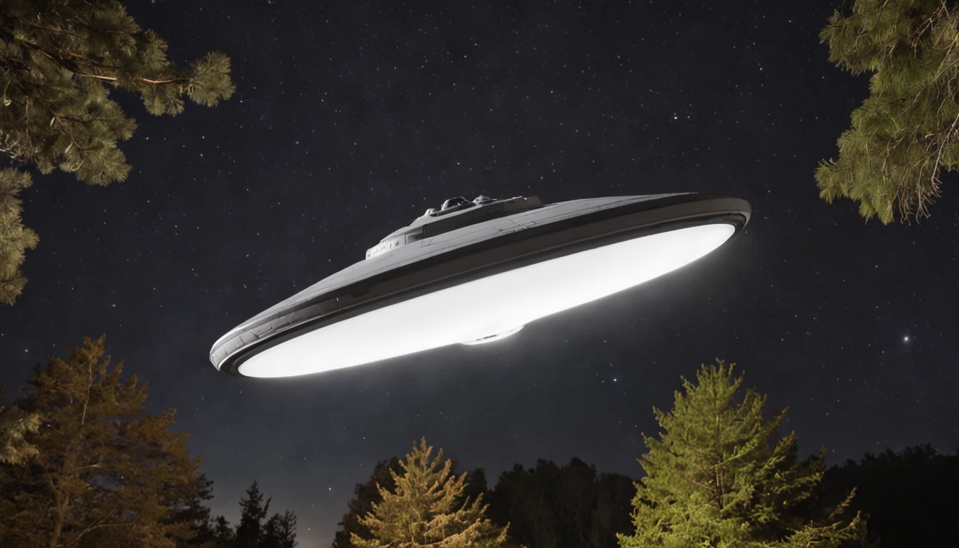 se ve una nave ufo flotando en el aire sobre un bosque de noche