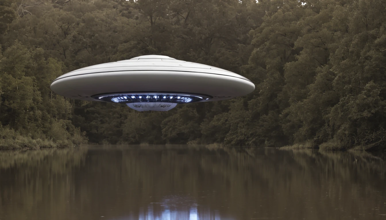 se ve una nave ufo flotando en el aire sobre un bosque de noche