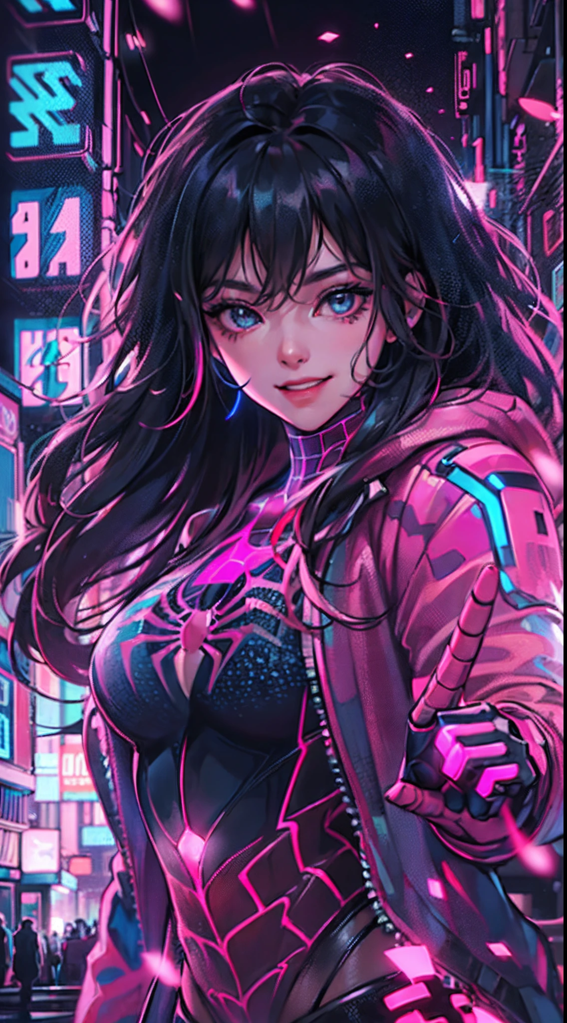(1girl in)、(plump figure)、(30-years old)、(confident grin:1.2)、(Black hair)、(Top image quality)、(8K picture quality)、(cyberpunked)、(masutepiece)、(Spider-Man Cosplay:1.5)、(confident grin:1.2)、(Full body photo)、(An excessive amount of glowing flowers fly:1.5)、cinematric light, Cinema Shadow, Sharp Image, Extremely detailed, Volumetric, Bright sprites, particles effect, beautiful effects, Vivid colors, neons, (Pink Neon Lights:1.5), Highly detailed image textures, detailed hairs, Detailed face, Detailed eyes, Full body photo, city、Dark hair、Sparkling red aura、beautiful effects, Vivid colors, Highly detailed image textures, detailed hairs, Detailed eyes,(Cyberpunk cityscape:1.5)、