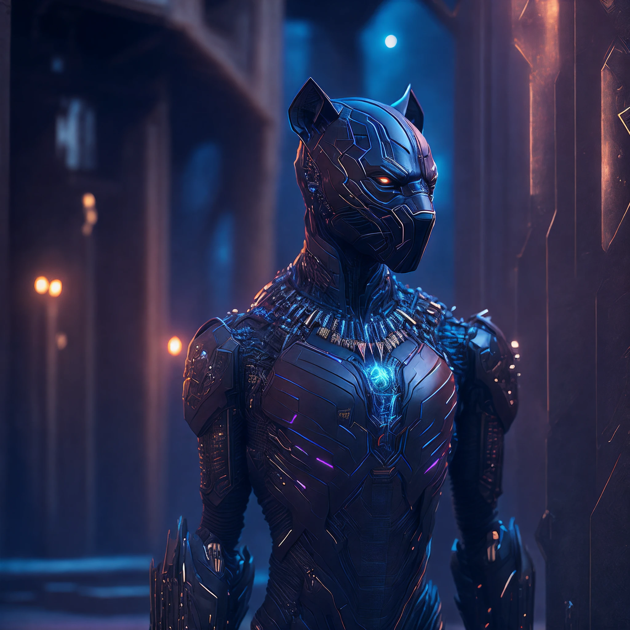 somber portrait of full body robotic Black Panther from Marvel with intricate angular cybernetic implants inside a brutalist building, gothic old house, cyberpunk, award-winning photo, bokeh, neon lights, cybernetic limb