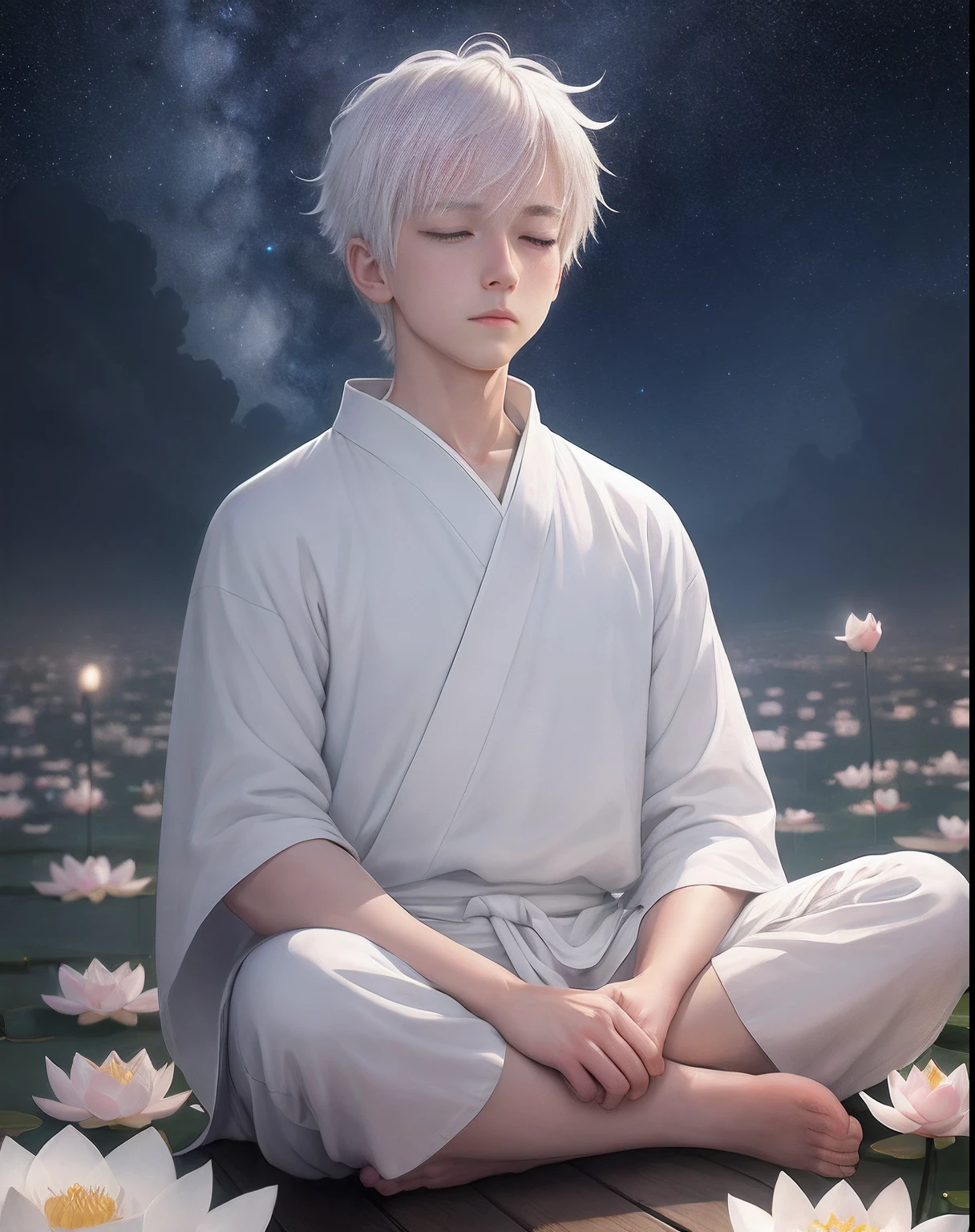 The white-clothed and white-haired boy meditated and practiced，anime backgrounds，on the sky，Lotus in bloom，Brilliant starry sky，HD quality，The picture is clear