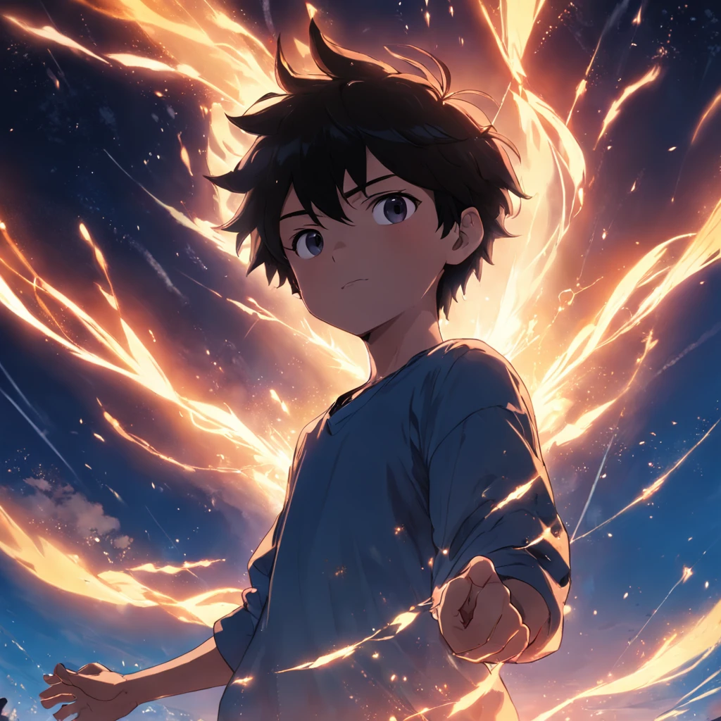 obra-prima, melhor qualidade, filme ainda, 1boy, garoto nuvem, floating into the sky, close-up, brilhante, feliz, Soft lighting and Warm, sun sunset, (Sparks: 0,7)