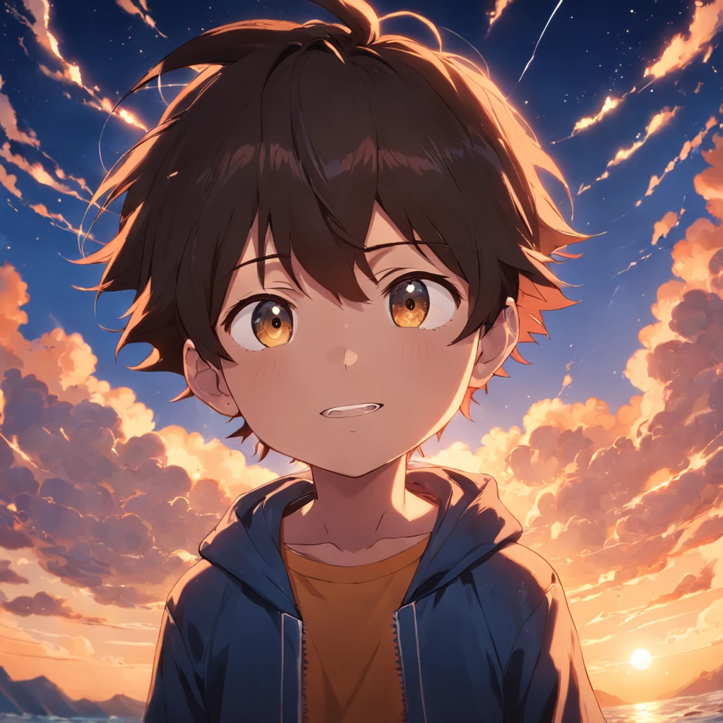 obra-prima, melhor qualidade, filme ainda, 1boy, garoto nuvem, floating into the sky, close-up, brilhante, feliz, Soft lighting and Warm, sun sunset, (Sparks: 0,7)