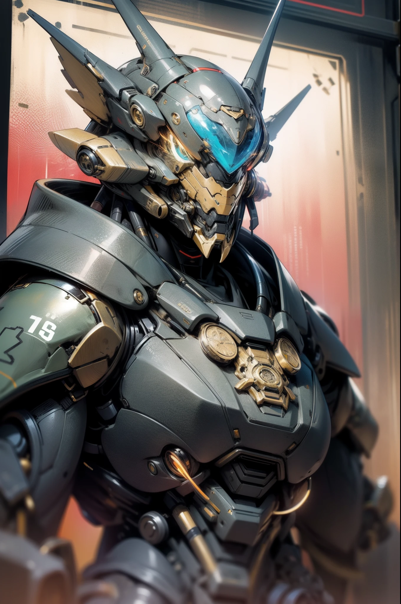 hight resolution , Digitale Kunst , On the obverse, a black and gold male anthro, ein anubischer Cyborg, ein Schakal, eine Acrador Mindmachine mit einem SciFi-Blaster und roten Augen , Hintergrund : Neonlighs und Scifi Hanger mit Raumschiffen , in der Ferne stehen einige schwarz-rote Anthro-Anthro-Schakalsoldaten , Red banners on the walls