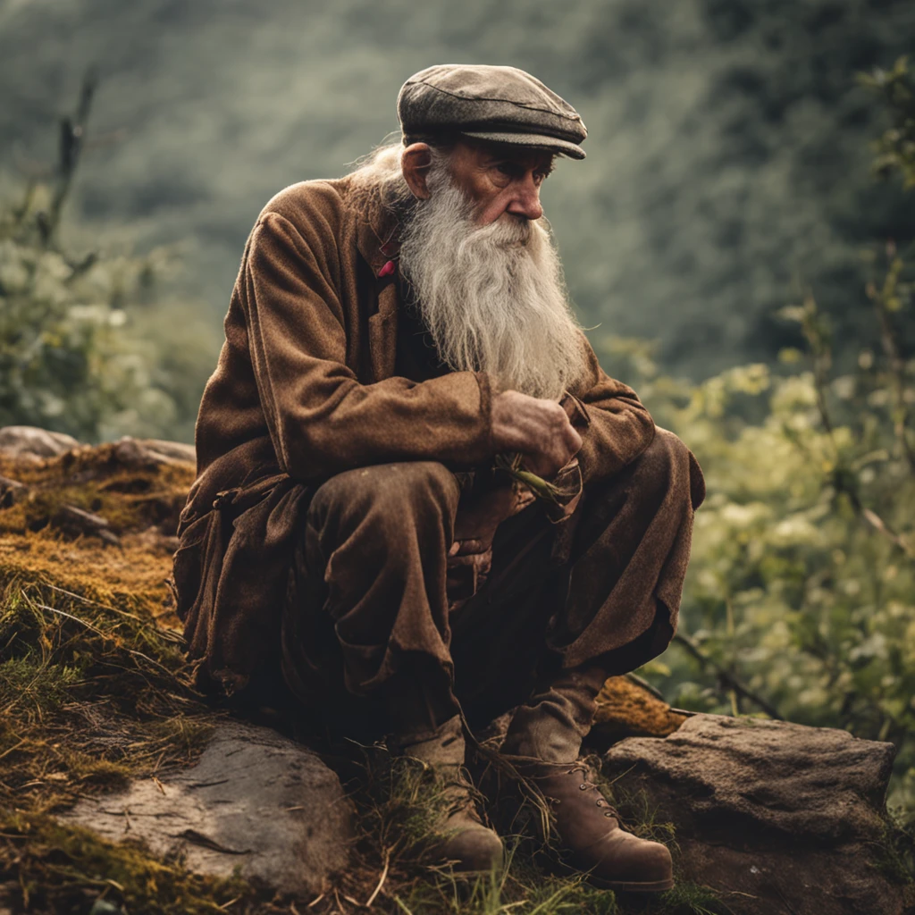 Old man, big white beard, sitting on tree stump, thoughtful and lost look, wise old man. Ancient realistic image, isolated place.