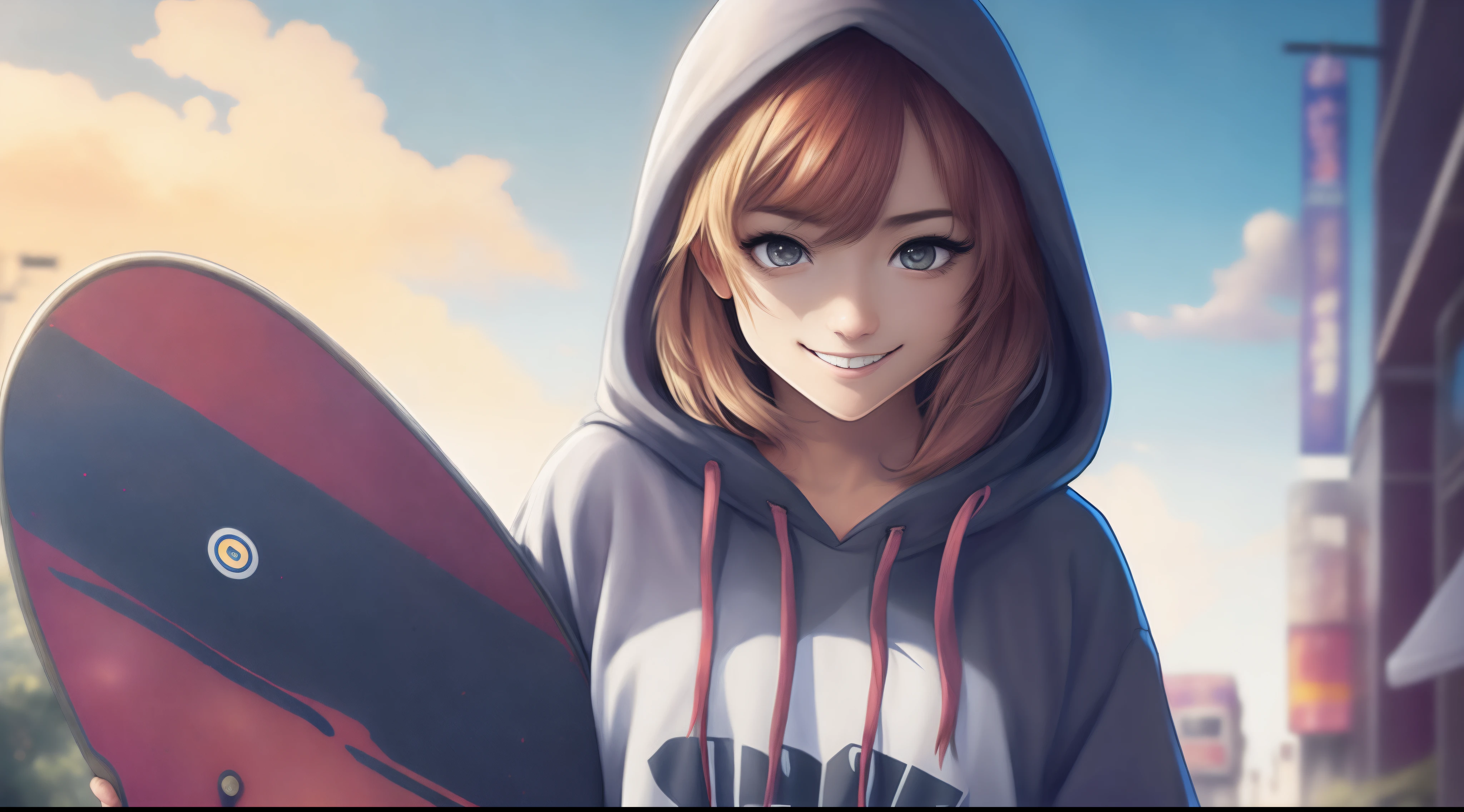 A mischievous anime girl with a sly grin, wearing a hoodie and holding a skateboard.