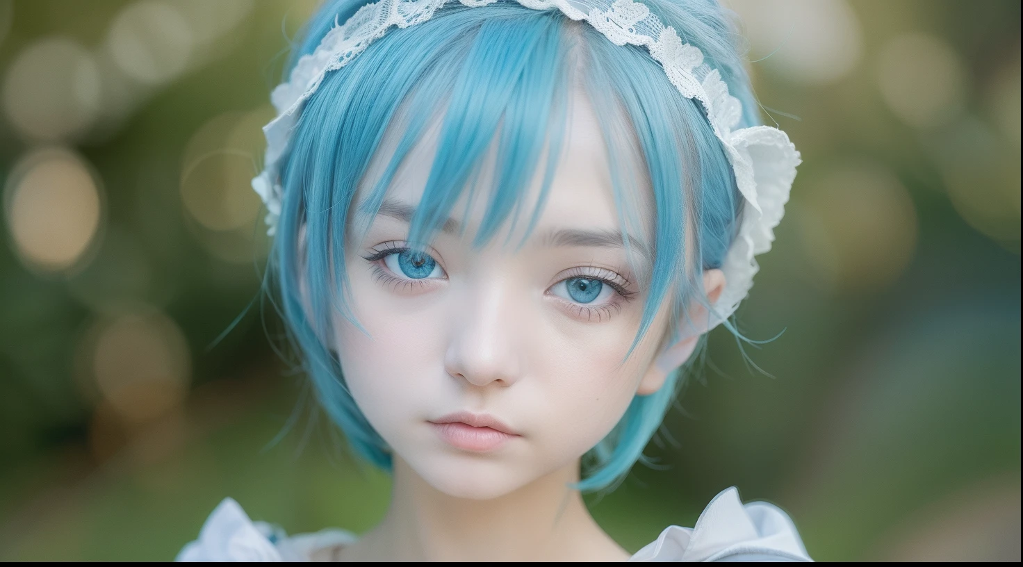 1girl, Rem, Short hair, Blur hair, Blue eyes, realistic, ultra detail, 70mm lens,